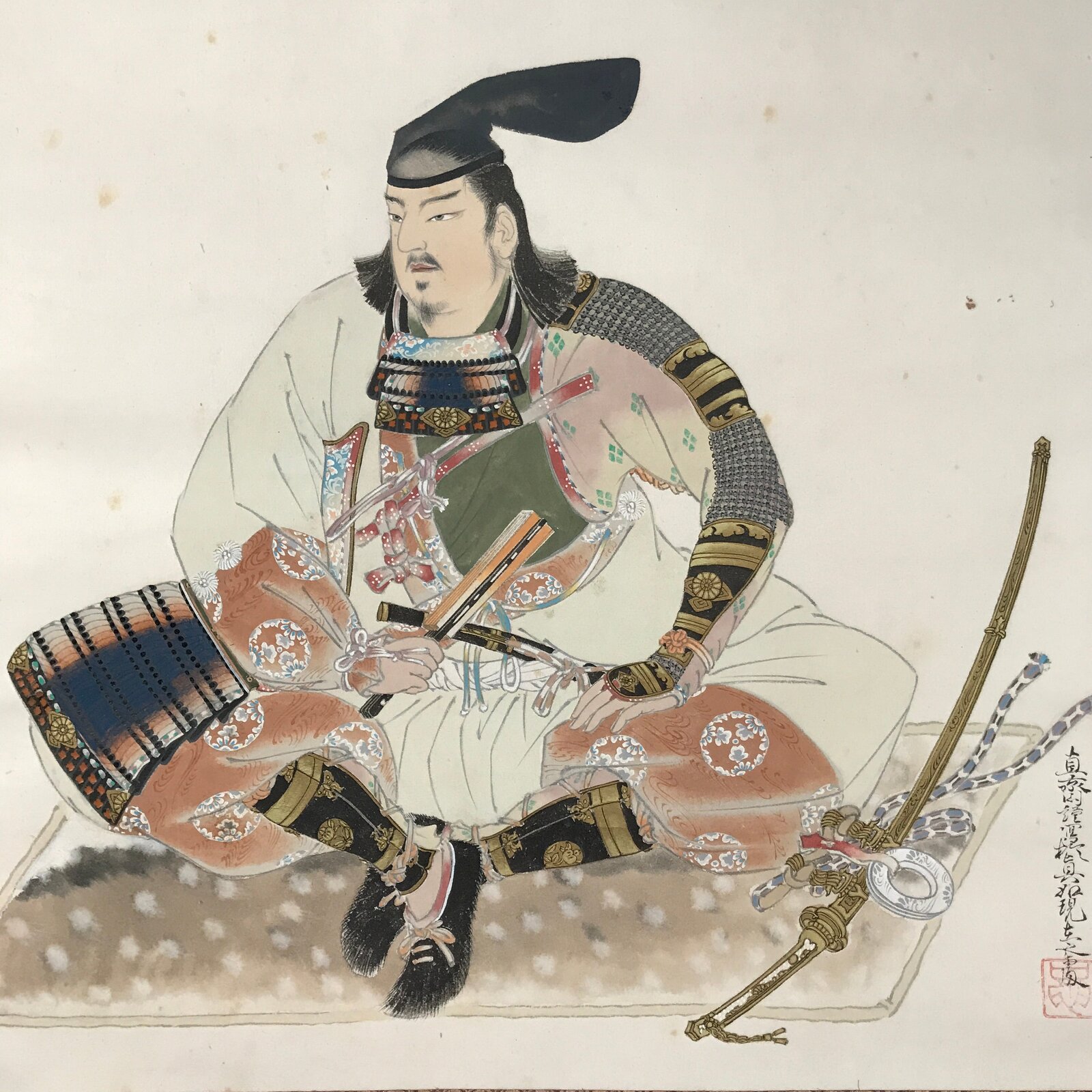 Japanese Hanging Scroll Kakejiku Vtg Samurai Sitting Kimono Sword Color KJ126