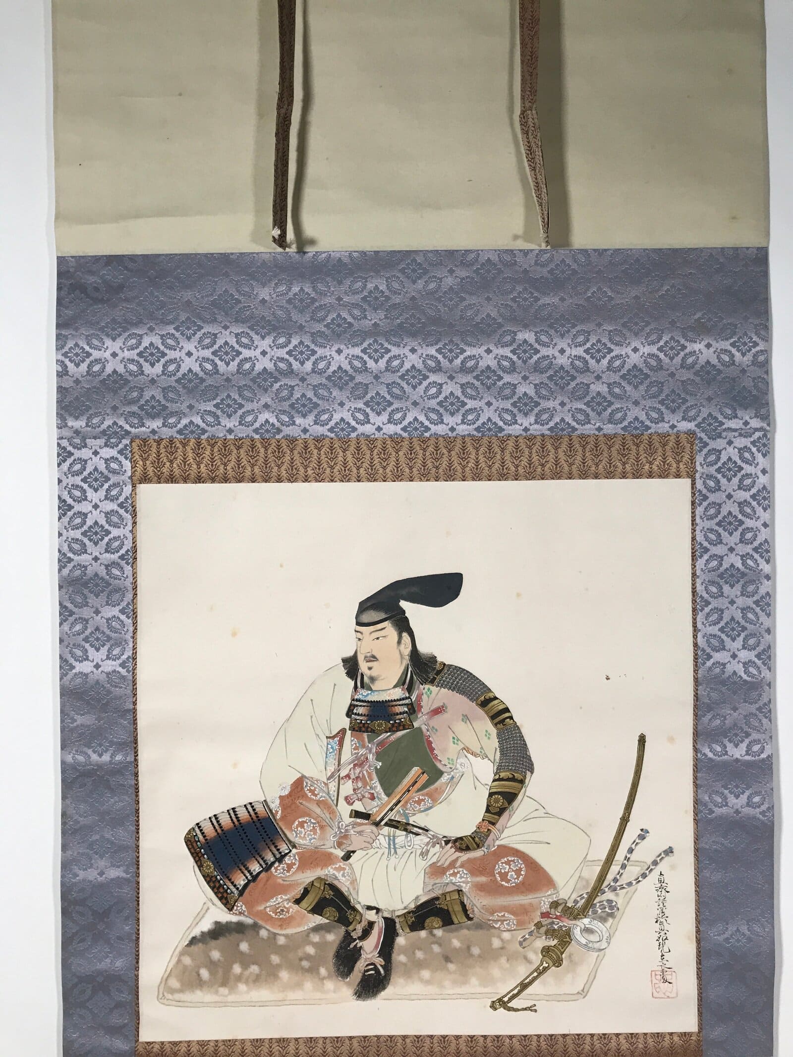 Japanese Hanging Scroll Kakejiku Vtg Samurai Sitting Kimono Sword Color KJ126
