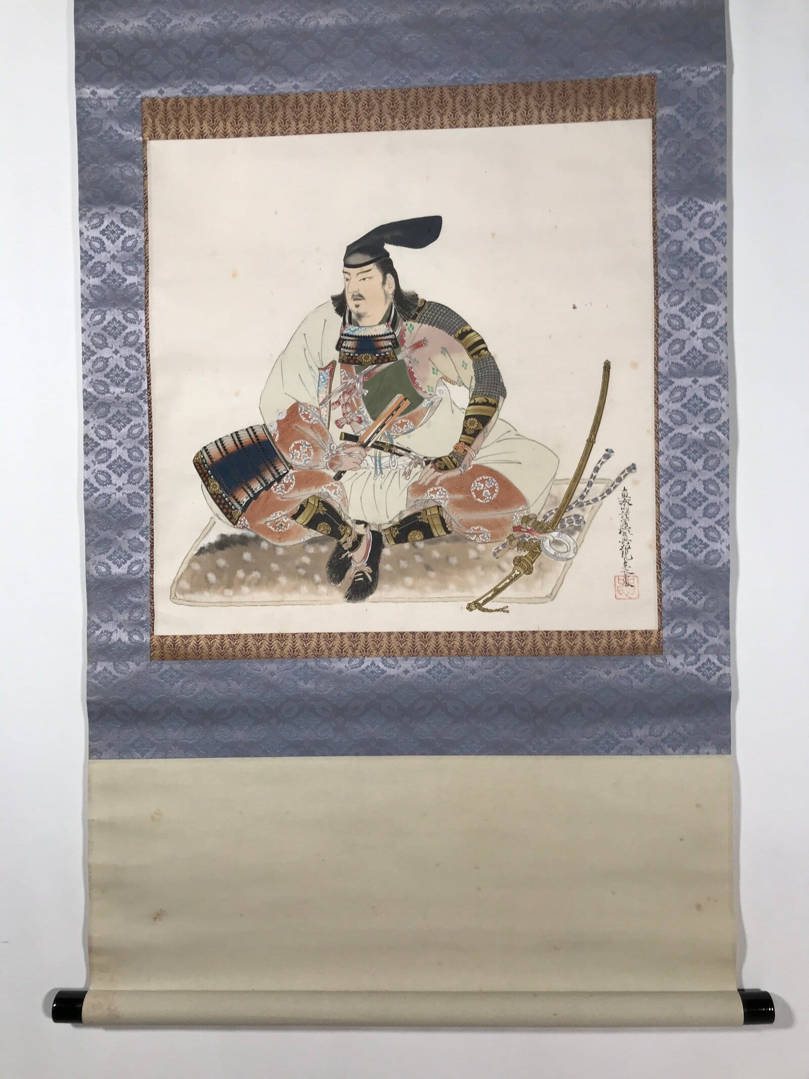 Japanese Hanging Scroll Kakejiku Vtg Samurai Sitting Kimono Sword Color KJ126