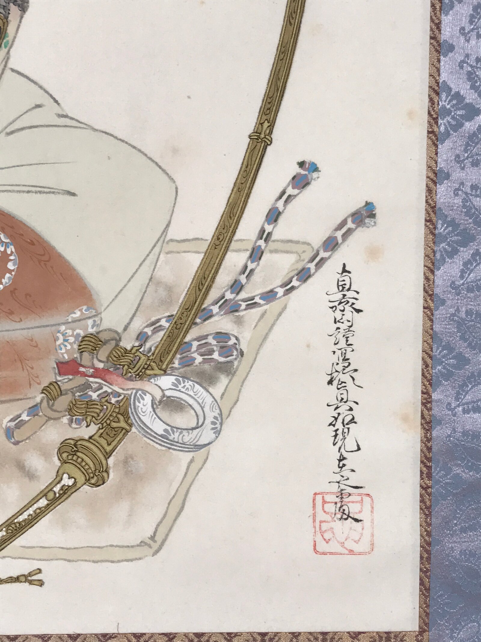 Japanese Hanging Scroll Kakejiku Vtg Samurai Sitting Kimono Sword Color KJ126