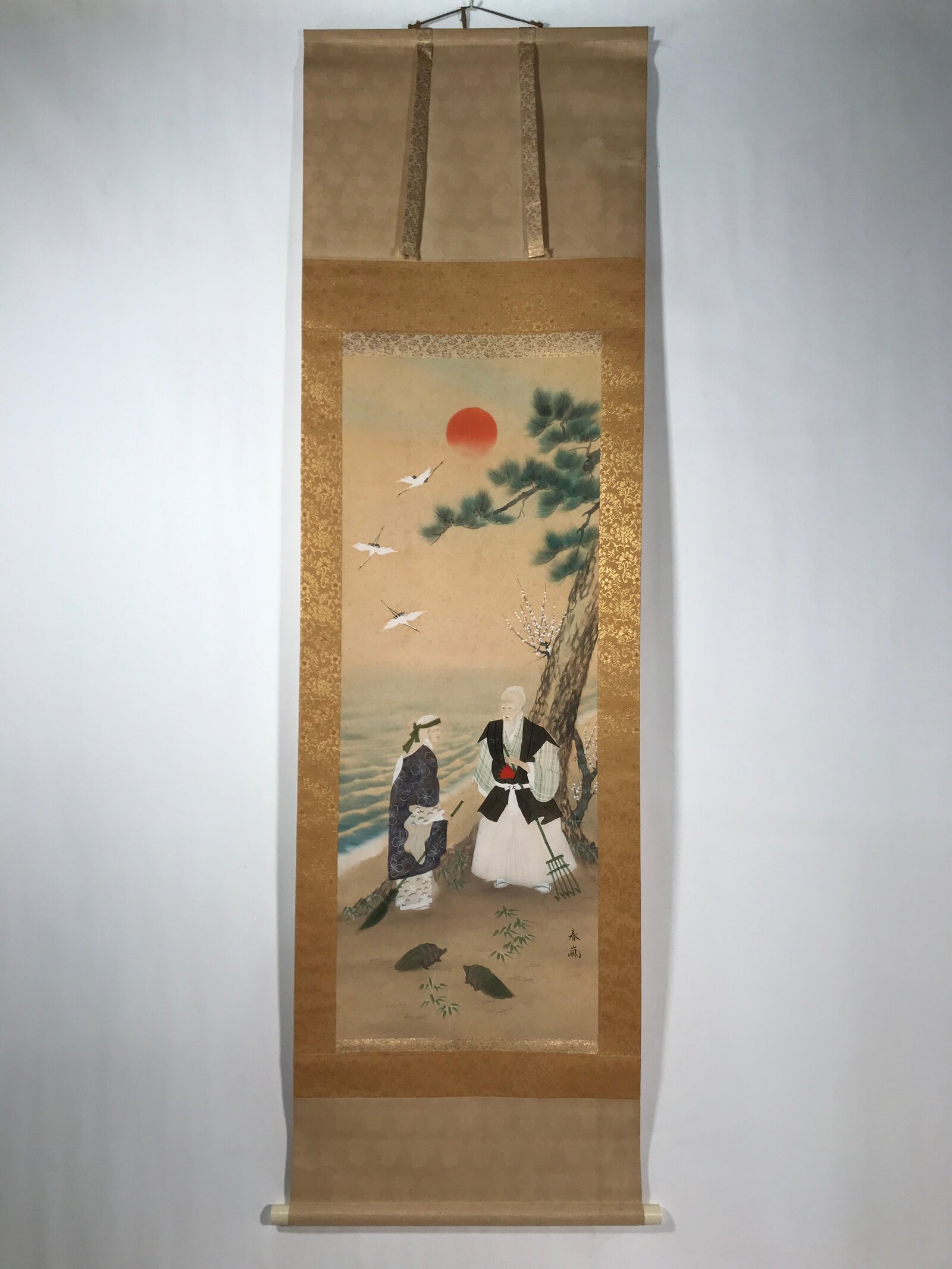 Japanese Hanging Scroll Kakejiku Vtg Takasago Elderly Couple Crane Pine KJ104