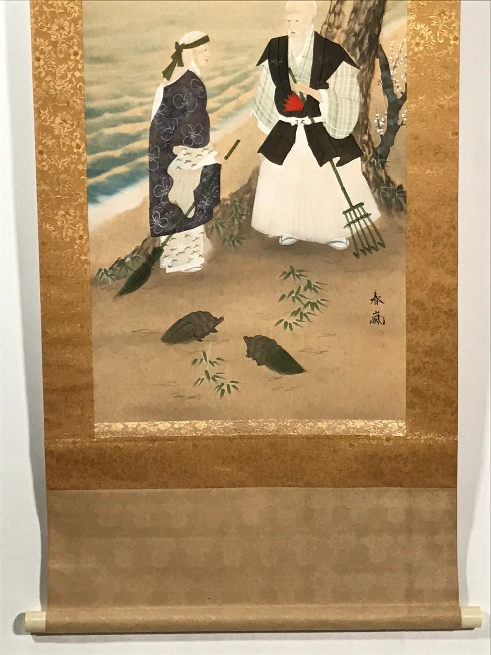 Japanese Hanging Scroll Kakejiku Vtg Takasago Elderly Couple Crane Pine KJ104