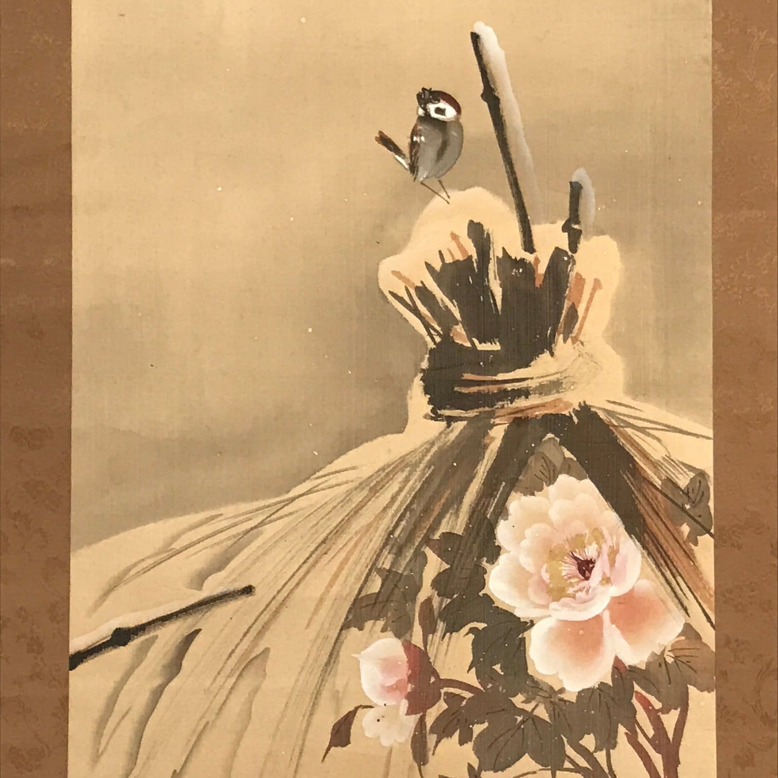 Japanese Hanging Scroll Kakejiku Vtg Winter Bird Peony Flower Straw Mat KJ170