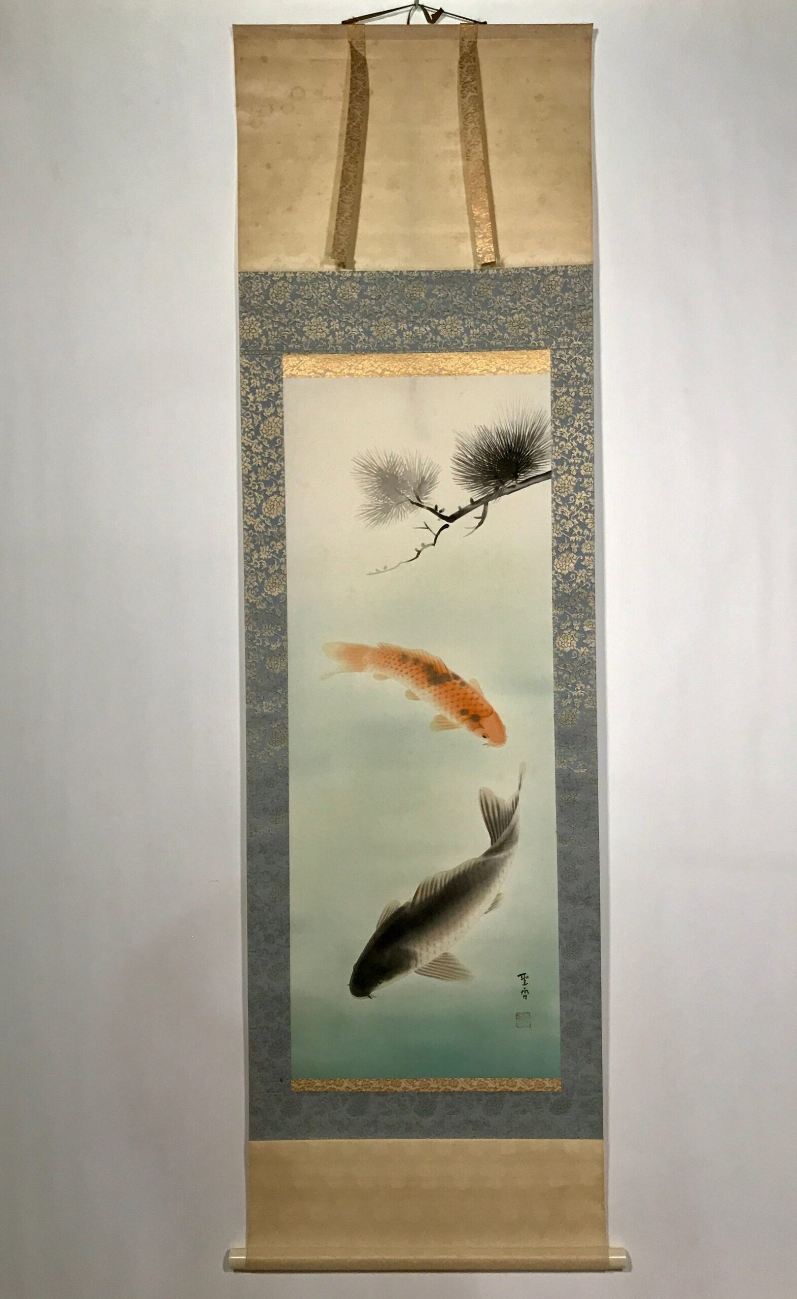 Japanese Hanging Scroll Koi Carps Swimming Red Black Kakejiku Color KJ11