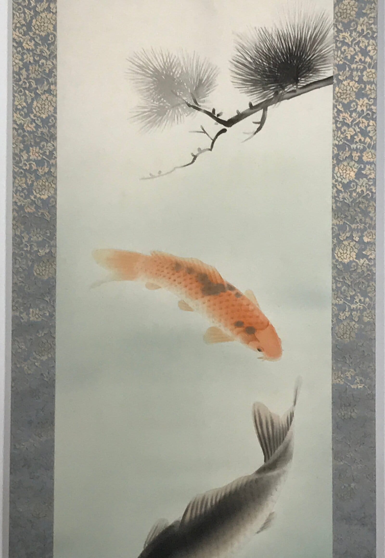 Japanese Hanging Scroll Koi Carps Swimming Red Black Kakejiku Color KJ11