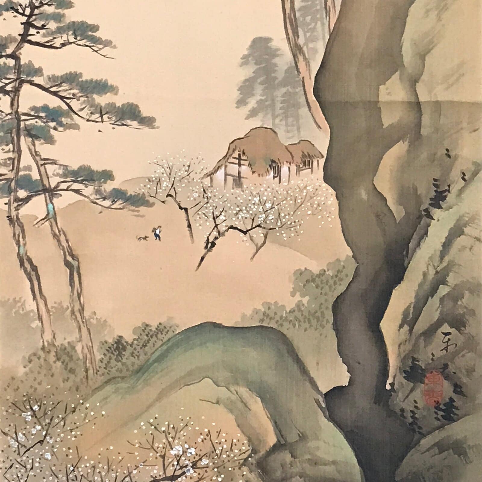 Japanese Hanging Scroll Spring Mountain Village Picture Kakejiku Kakemono SC795