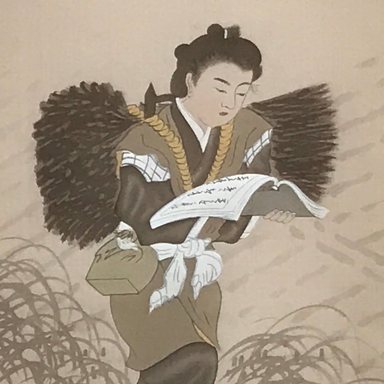 Japanese Hanging Scroll Vtg Boy Reading Walking Ninomiya Sontoku SC946