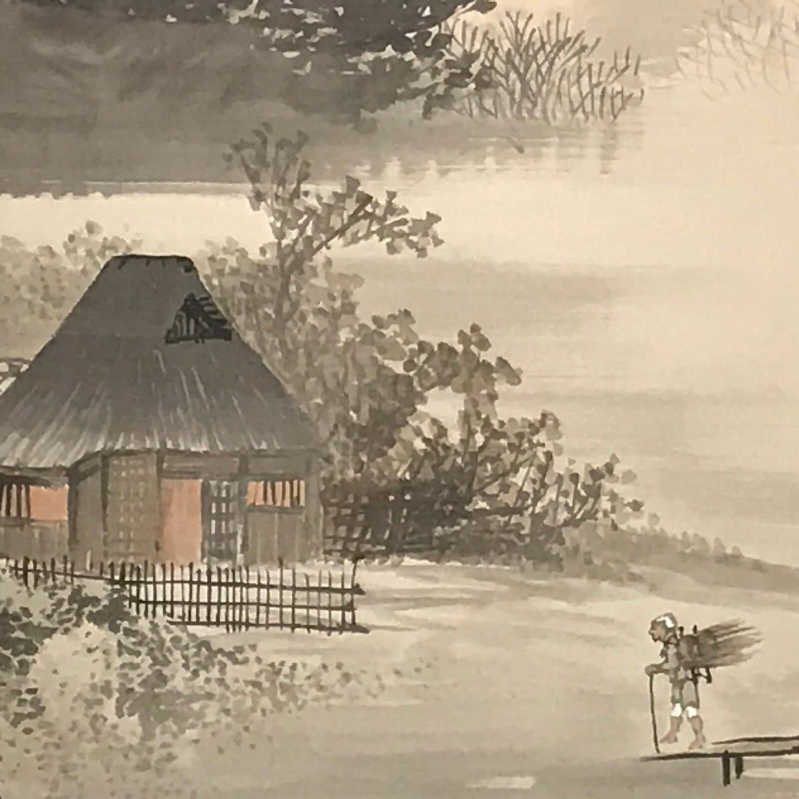 Japanese Hanging Scroll Vtg House Tree Man Monochrome Sansui Kakejiku SC897