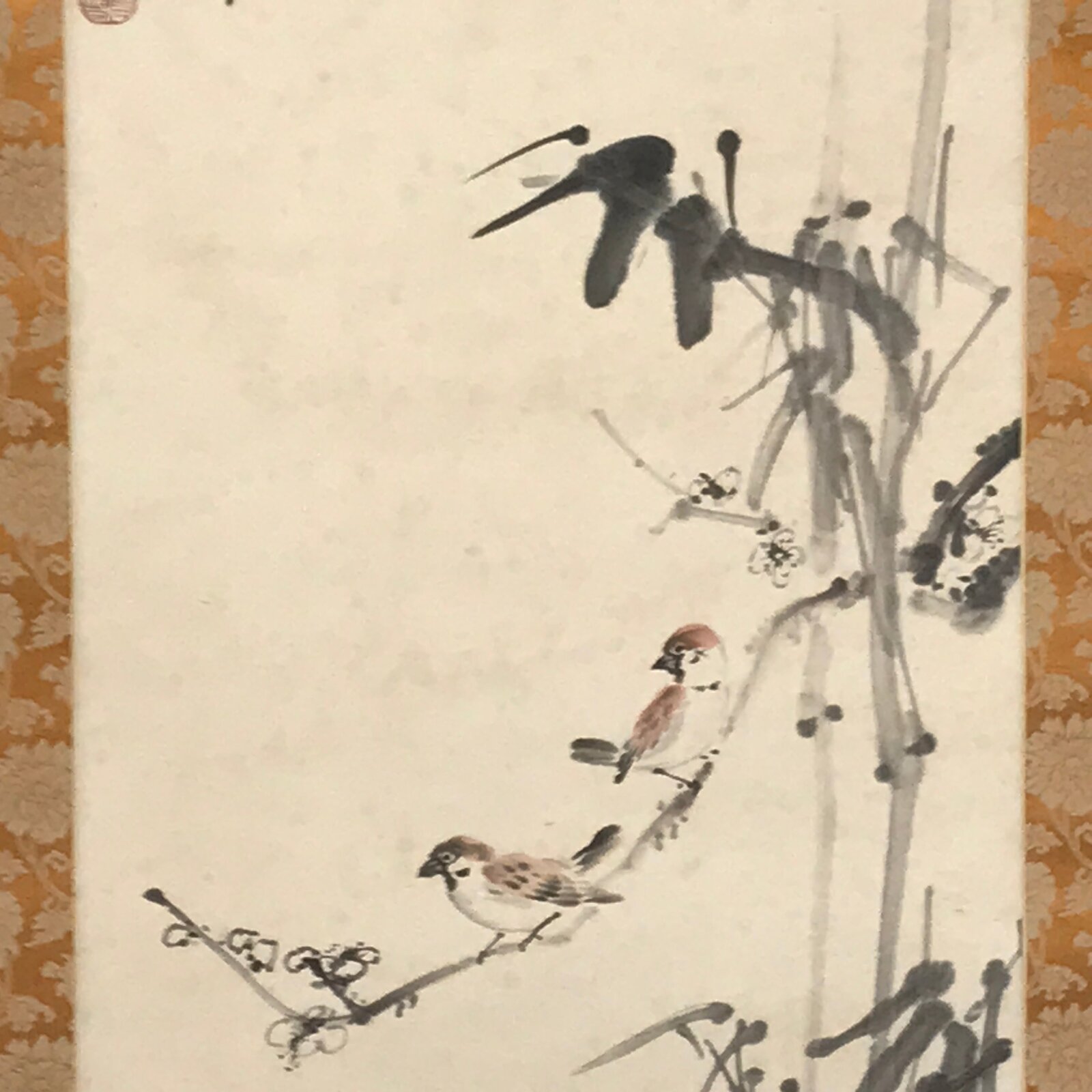 Japanese Hanging Scroll Vtg Kakejiku Bamboo Birds Calligraphy Kanji Color KJ75