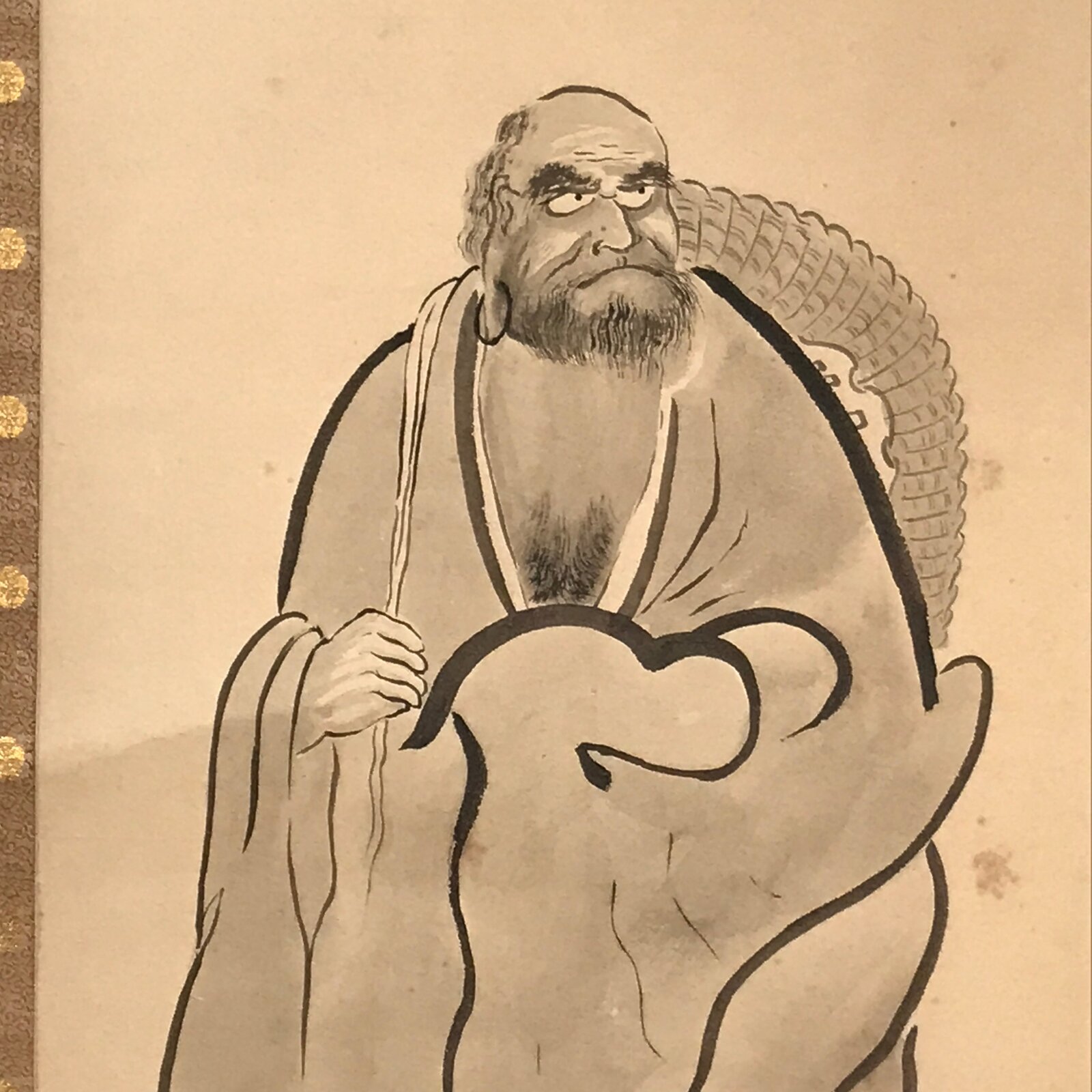 Japanese Hanging Scroll Vtg Kakejiku Daruma Bodhidharma Calligraphy Black KJ119