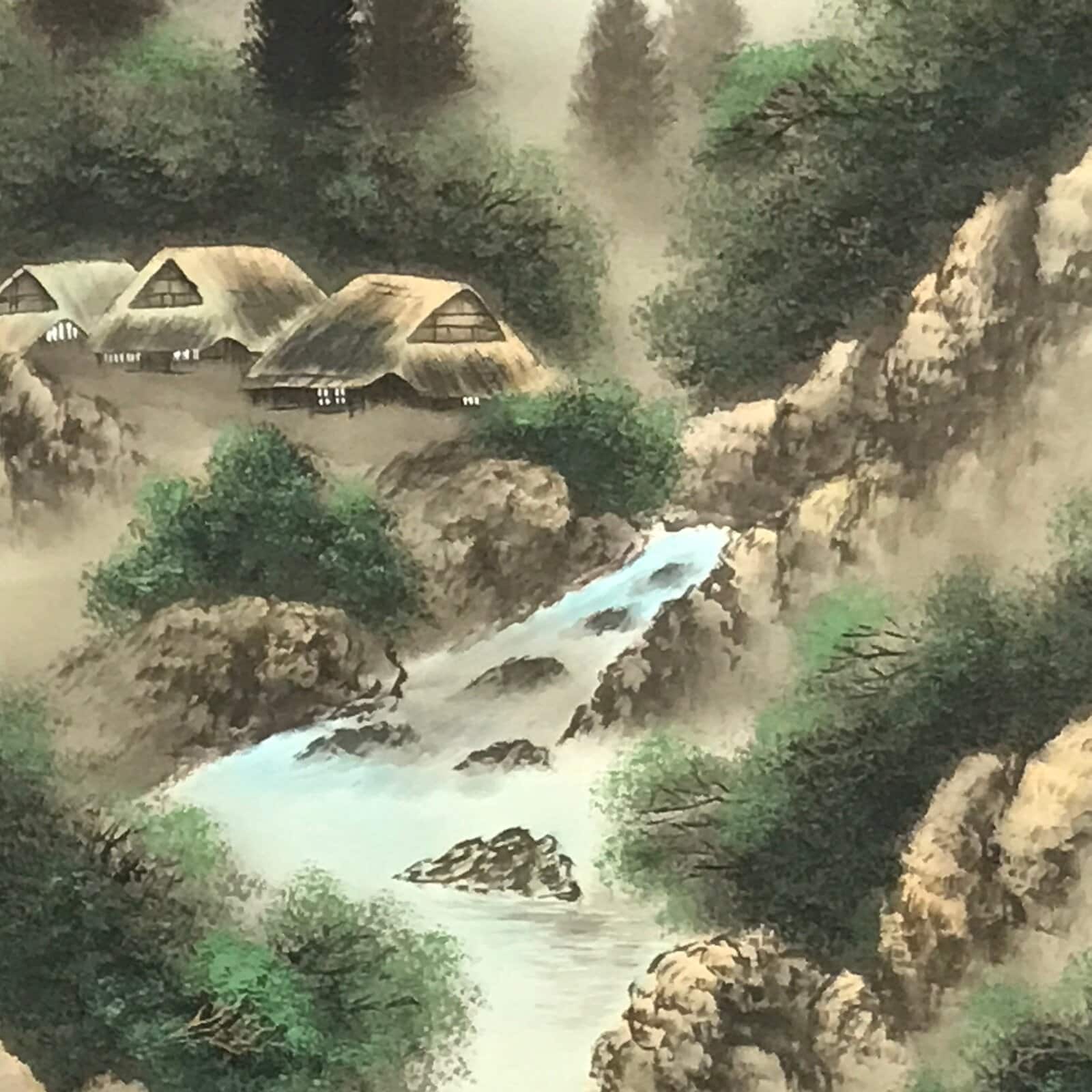 Japanese Hanging Scroll Vtg Kakejiku Fog Mountain River Landscape Ink KJ105