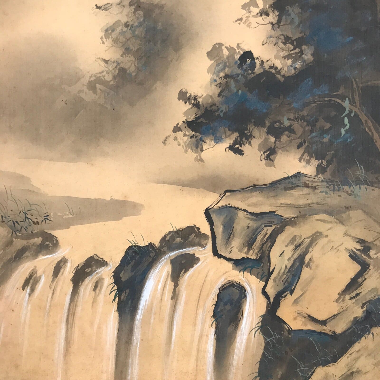 Japanese Hanging Scroll Vtg Kakejiku Fog Mountain Waterfall Landscape Ink KJ99