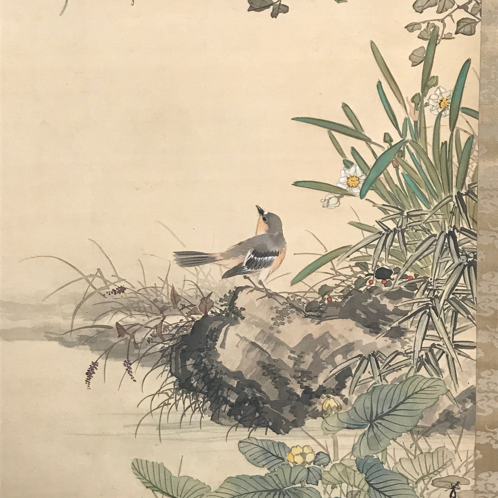 Japanese Hanging Scroll Vtg Kakejiku Kacho Bird Flowers Pink Green Yellow KJ43