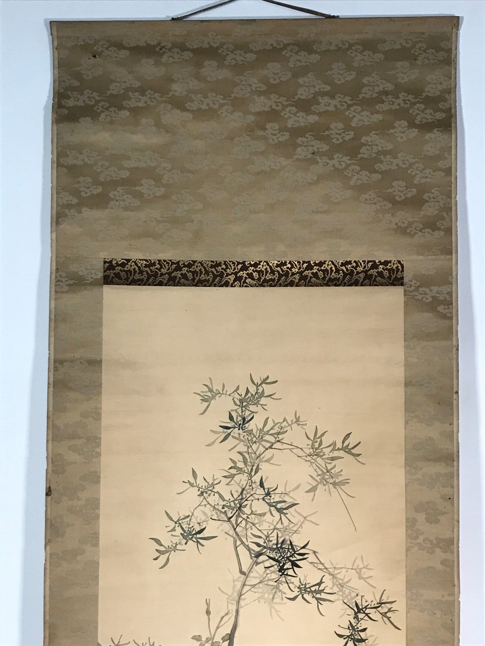 Japanese Hanging Scroll Vtg Kakejiku Kacho Bird Flowers Pink Green Yellow KJ43