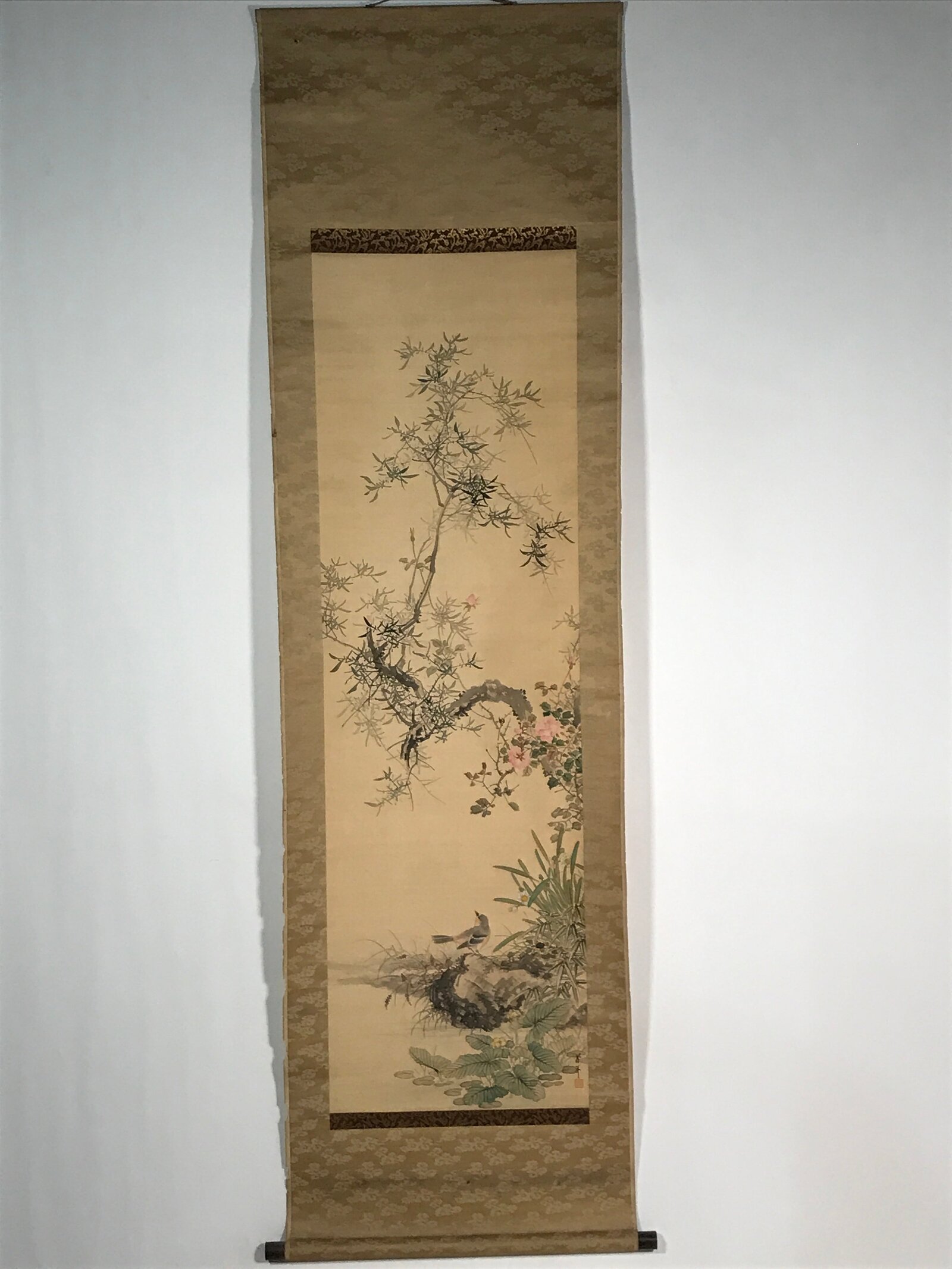Japanese Hanging Scroll Vtg Kakejiku Kacho Bird Flowers Pink Green Yellow KJ43