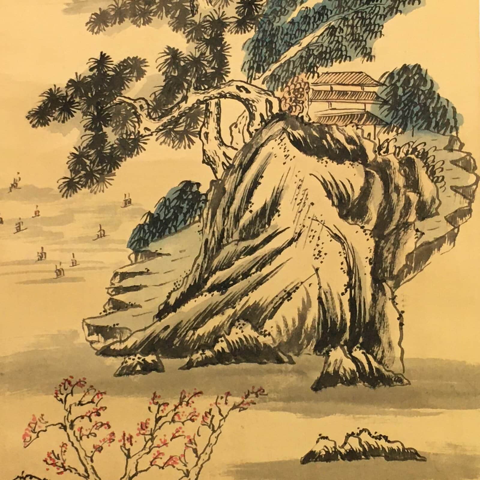 Japanese Hanging Scroll Vtg Kakejiku Kakemono Cliff House Pine Tree SC741