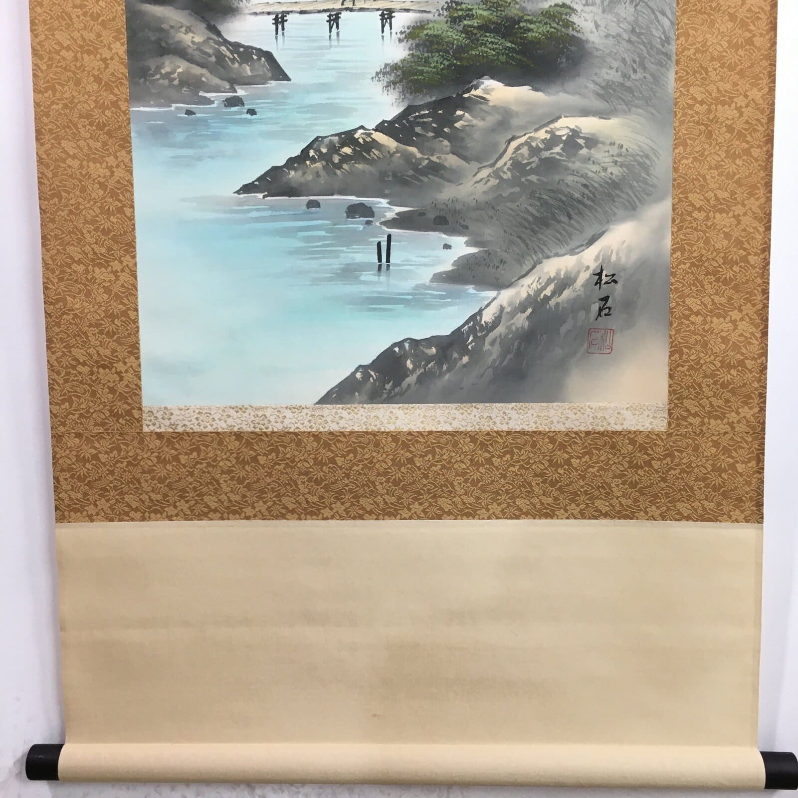 Japanese Hanging Scroll Vtg Kakejiku Kakemono Landscape Painting River SC701