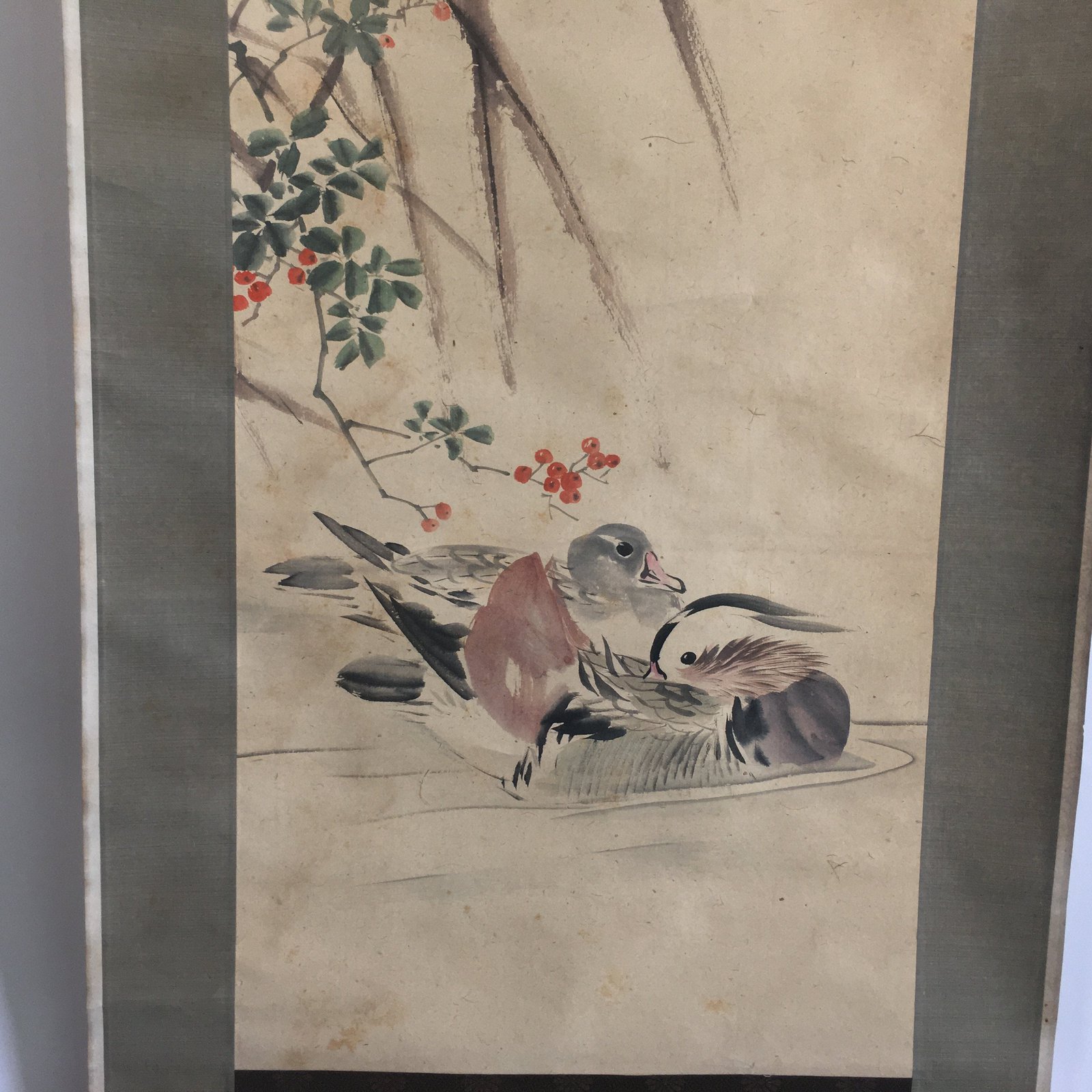 Japanese Hanging Scroll Vtg Kakejiku Kakemono Painting Miscanthus Duck SC642