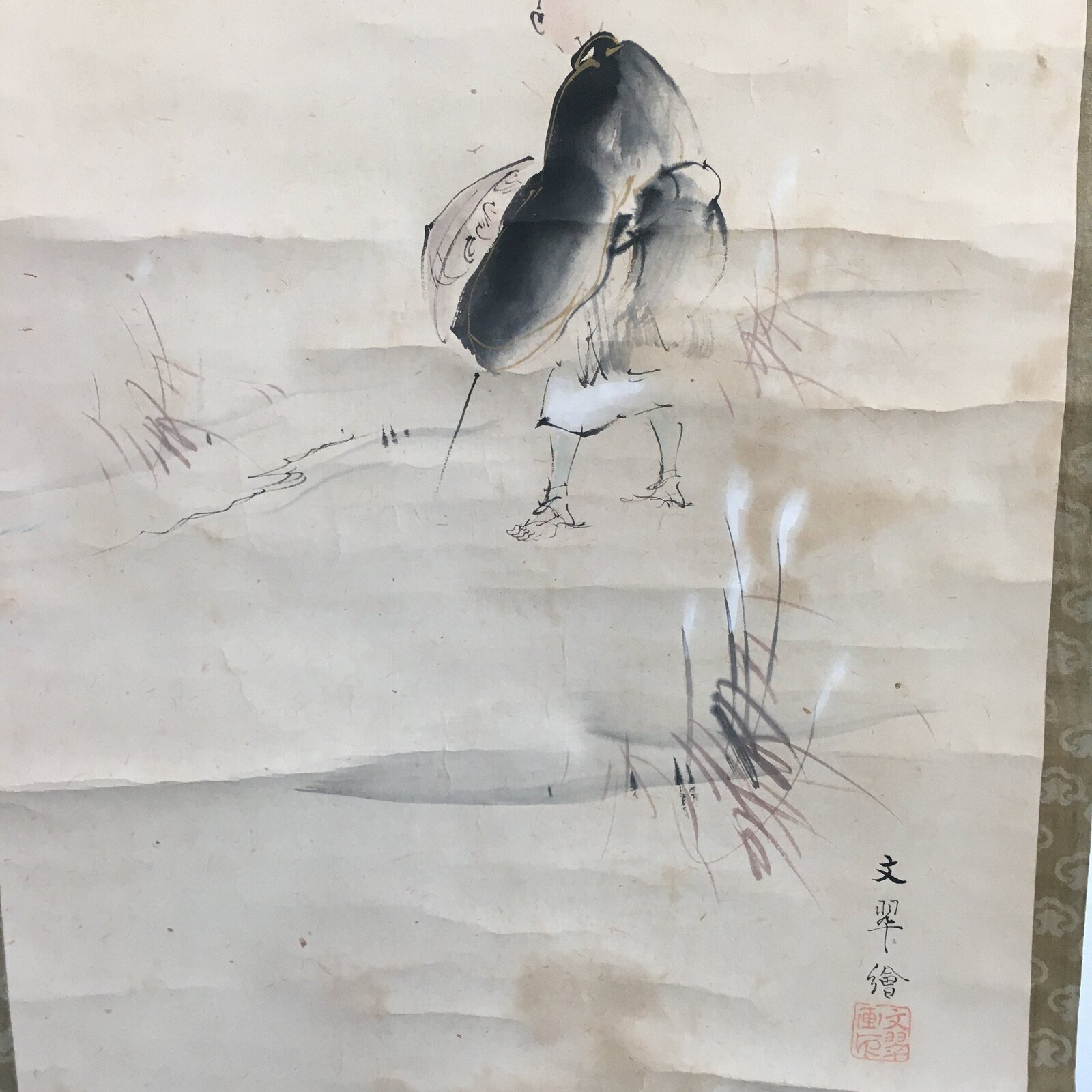 Japanese Hanging Scroll Vtg Kakejiku Kakemono Painting Mount Fuji Traveler SC62