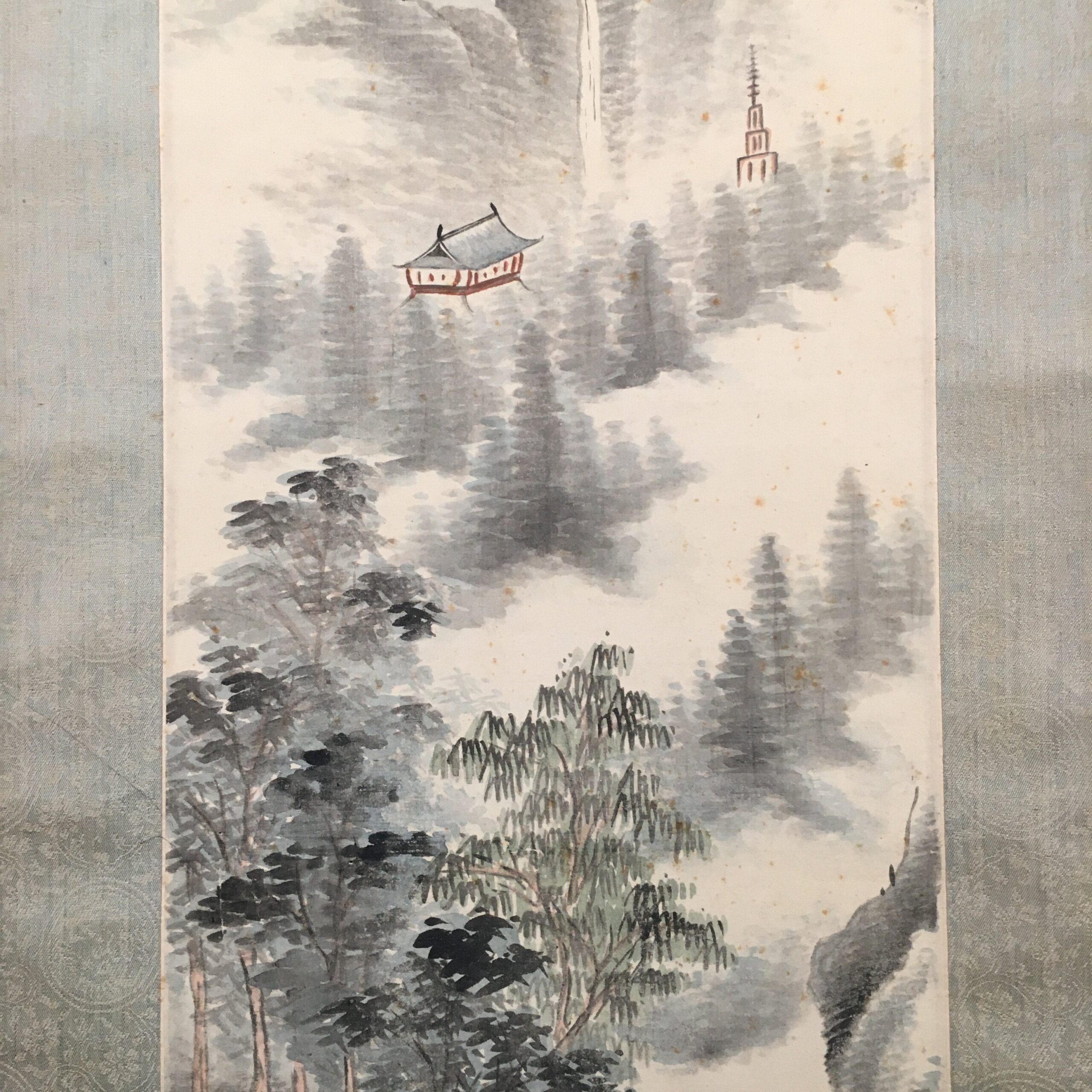 Japanese Hanging Scroll Vtg Kakejiku Kakemono Painting Mountain River SC583