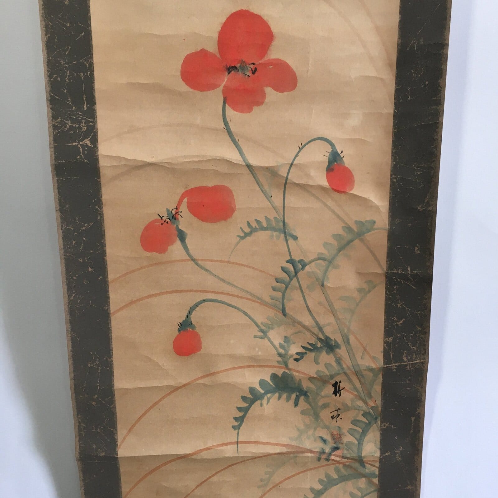 Japanese Hanging Scroll Vtg Kakejiku Kakemono Painting Poppy Flower SC674