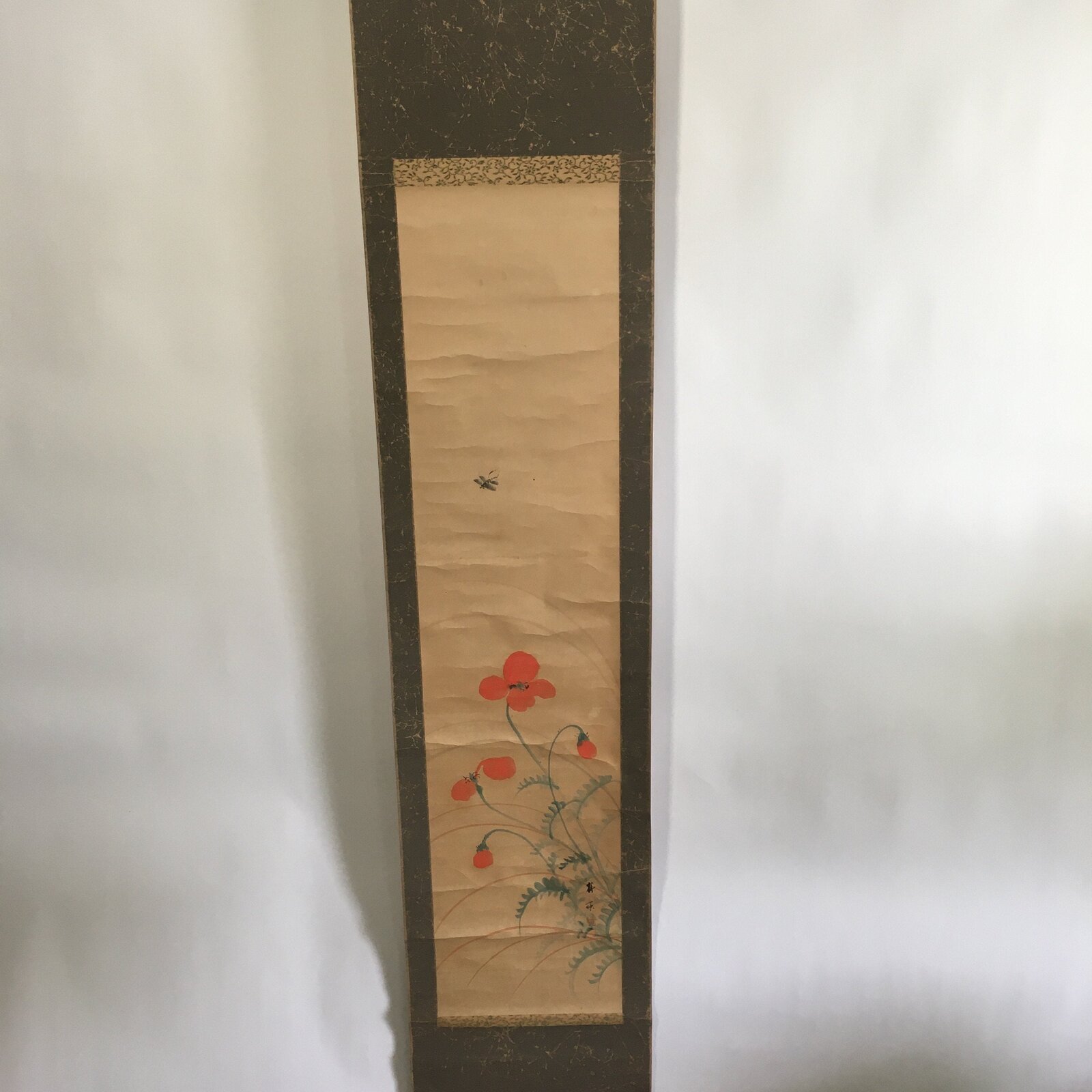 Japanese Hanging Scroll Vtg Kakejiku Kakemono Painting Poppy Flower SC674