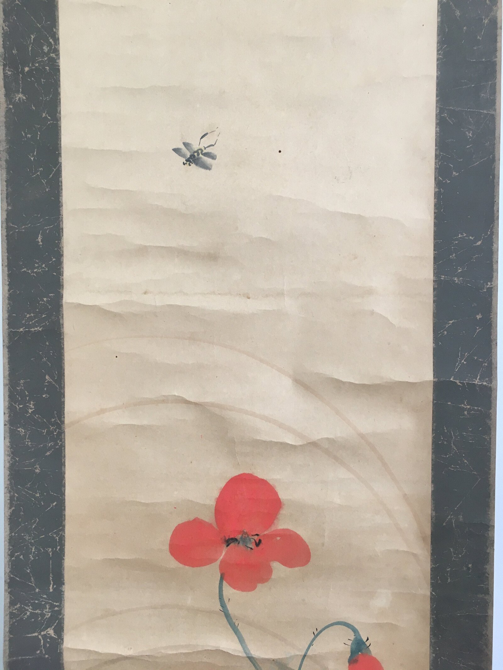 Japanese Hanging Scroll Vtg Kakejiku Kakemono Painting Poppy Flower SC674
