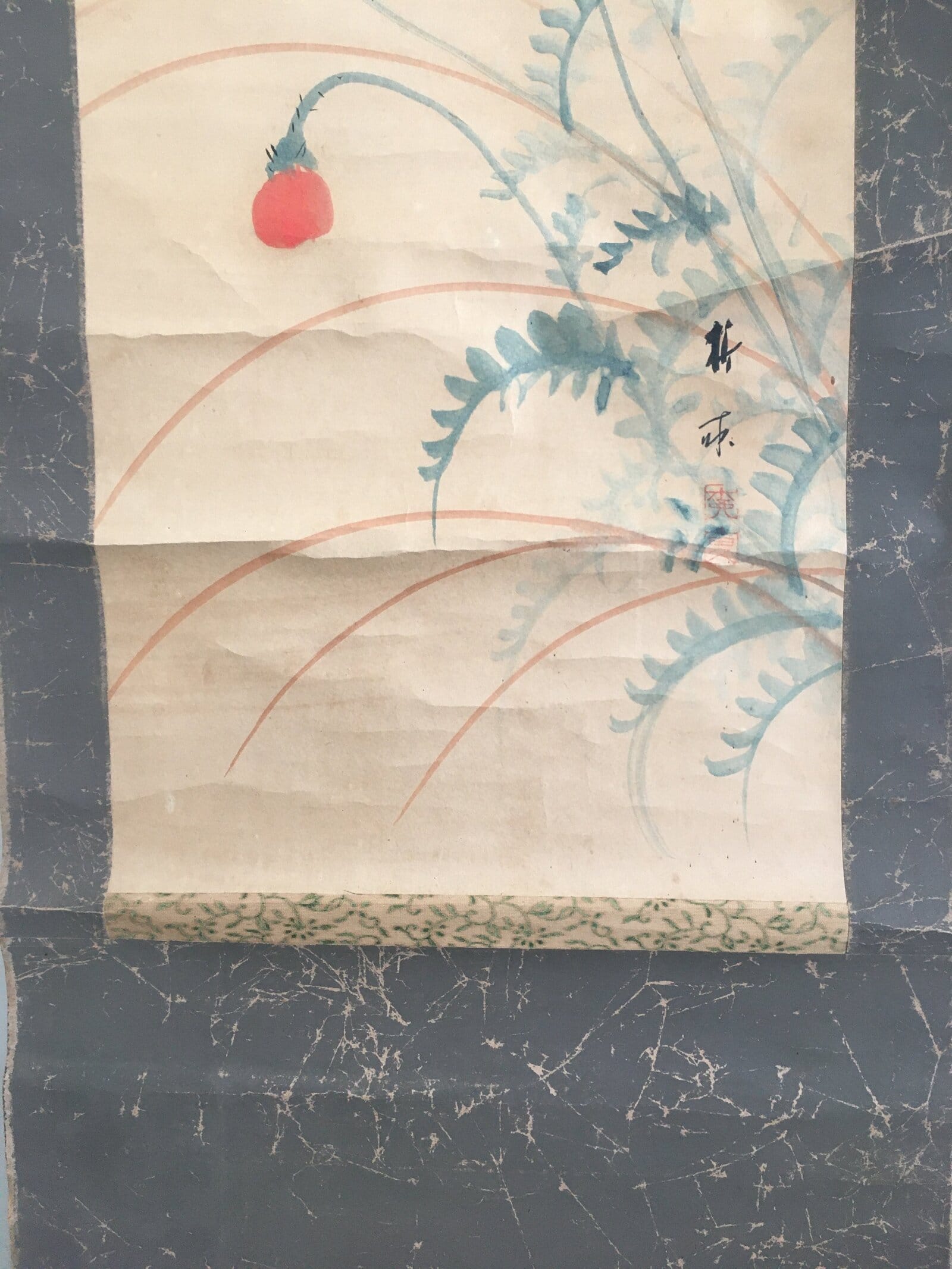 Japanese Hanging Scroll Vtg Kakejiku Kakemono Painting Poppy Flower SC674