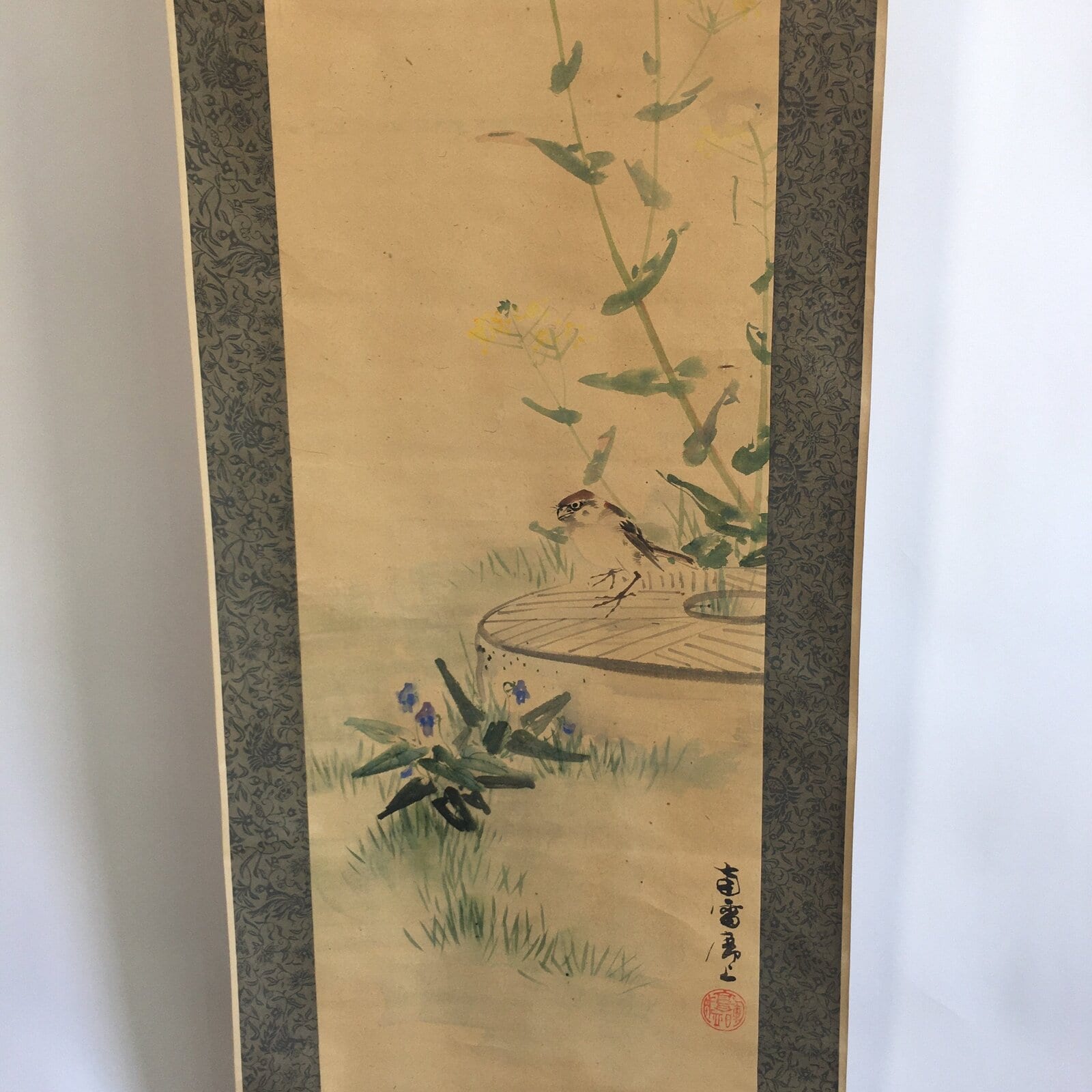 Japanese Hanging Scroll Vtg Kakejiku Kakemono Painting Spring Flowers SC640