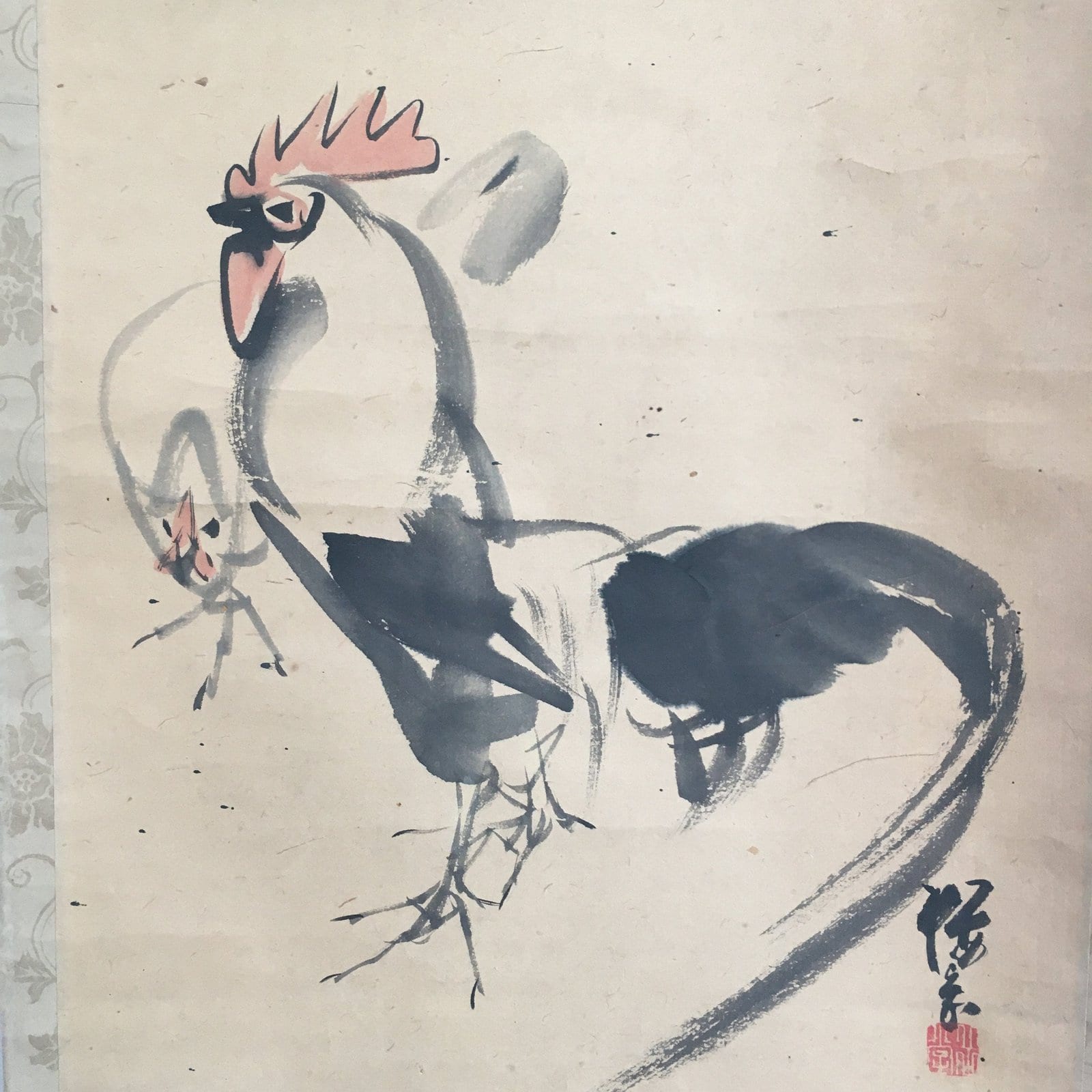 Japanese Hanging Scroll Vtg Kakejiku Kakemono Painting Sun Chicken SC683