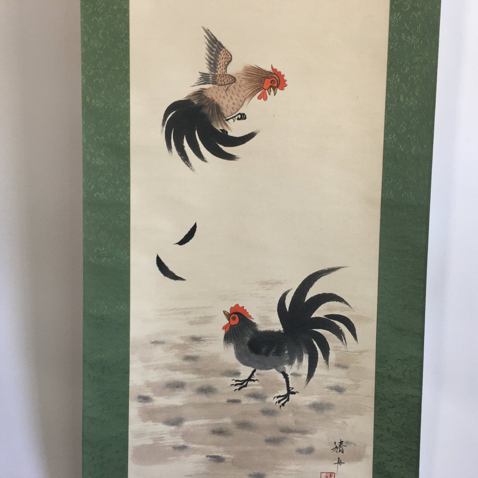 Japanese Hanging Scroll Vtg Kakejiku Kakemono Painting Two Chickens SC641