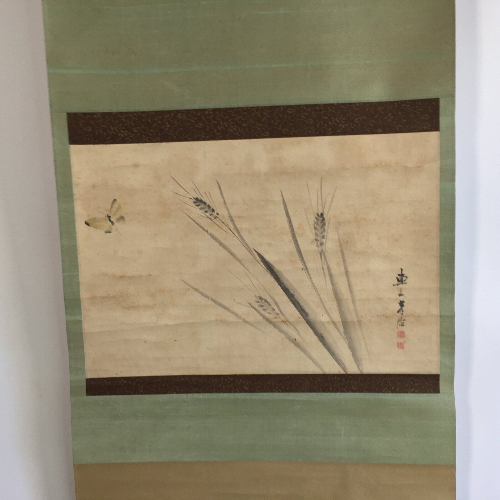 Japanese Hanging Scroll Vtg Kakejiku Kakemono Painting Wheat Butterfly SC634