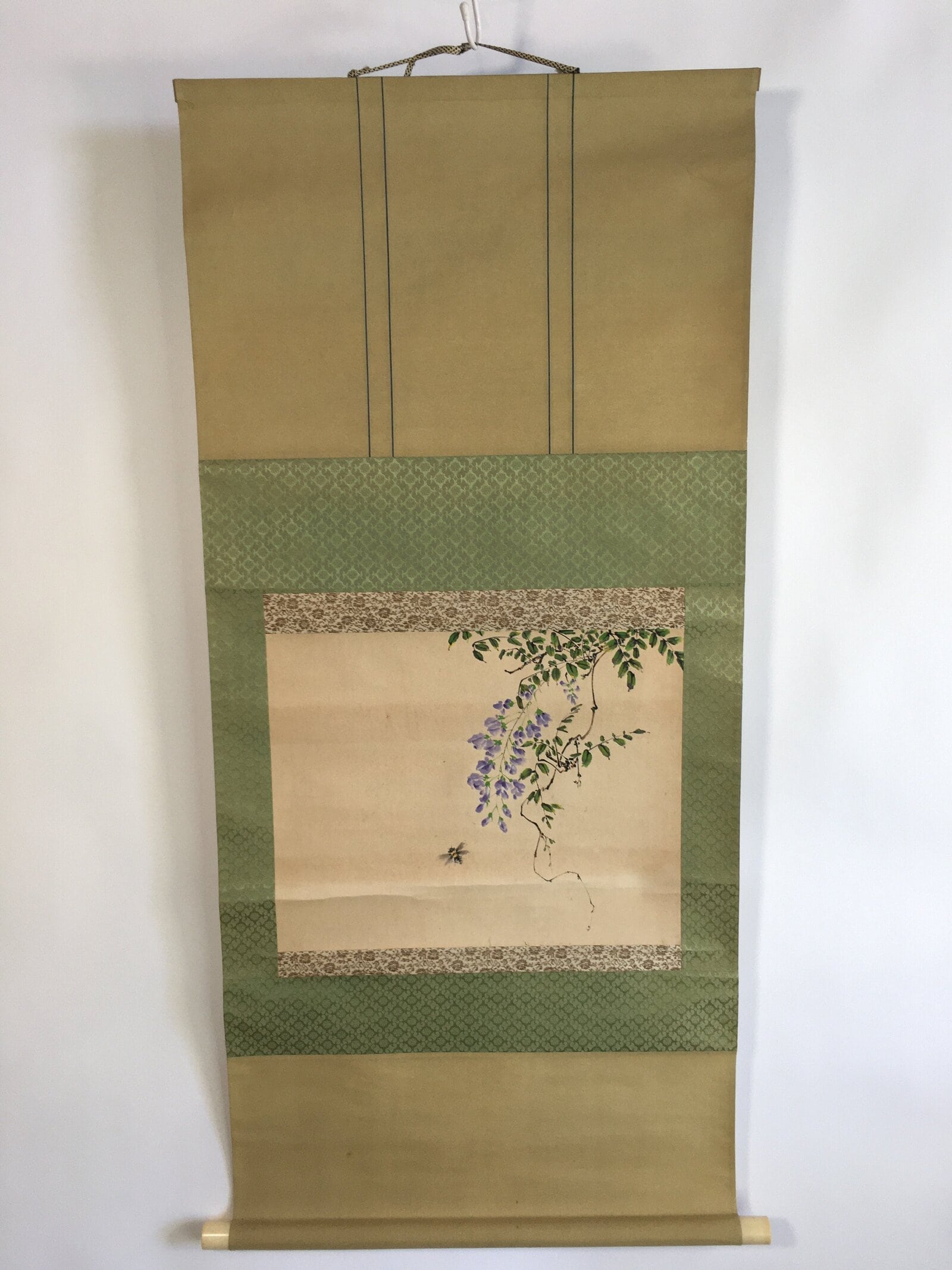 Japanese Hanging Scroll Vtg Kakejiku Kakemono Painting Wisteria Flowers SC626