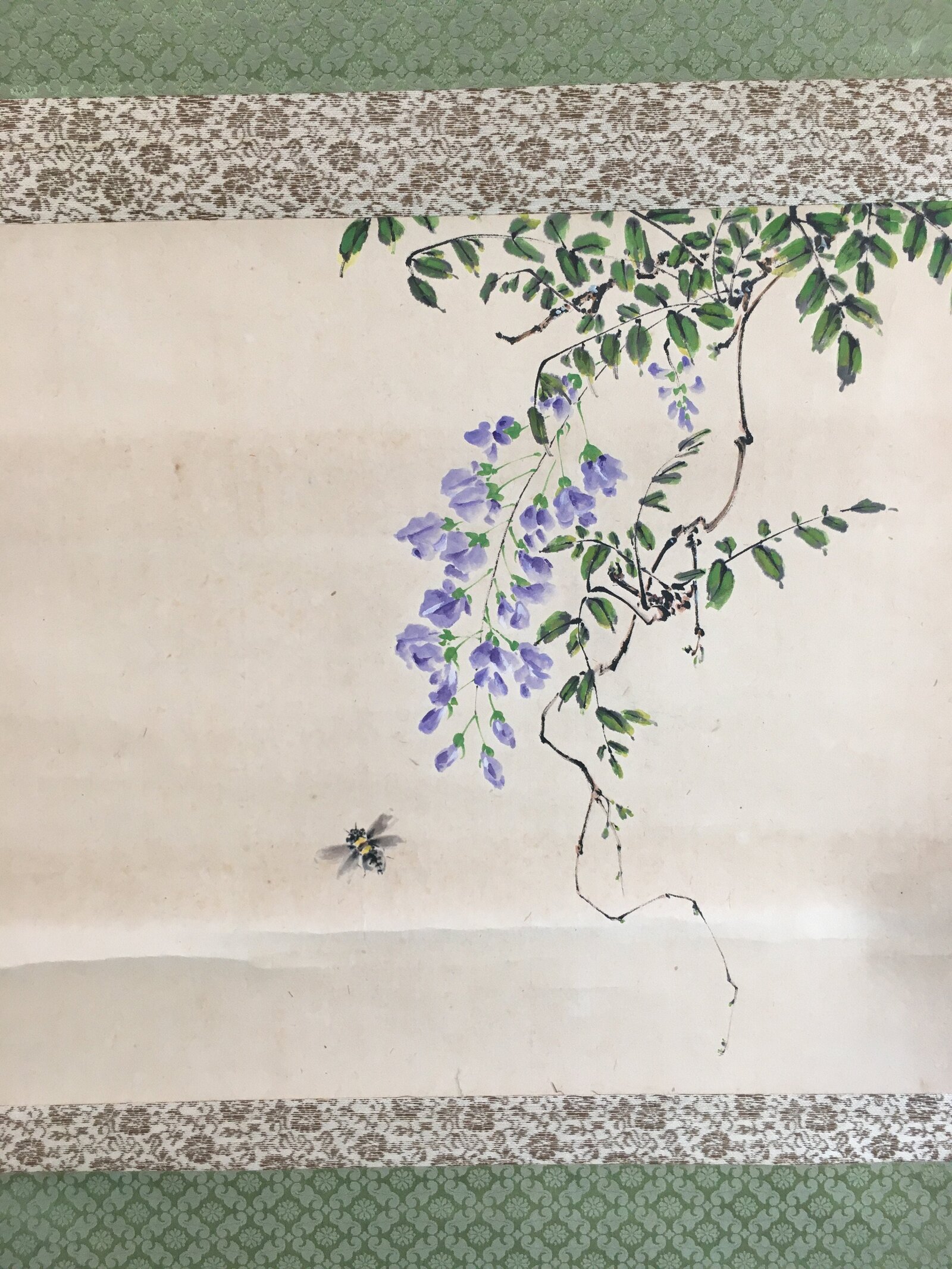 Japanese Hanging Scroll Vtg Kakejiku Kakemono Painting Wisteria Flowers SC626