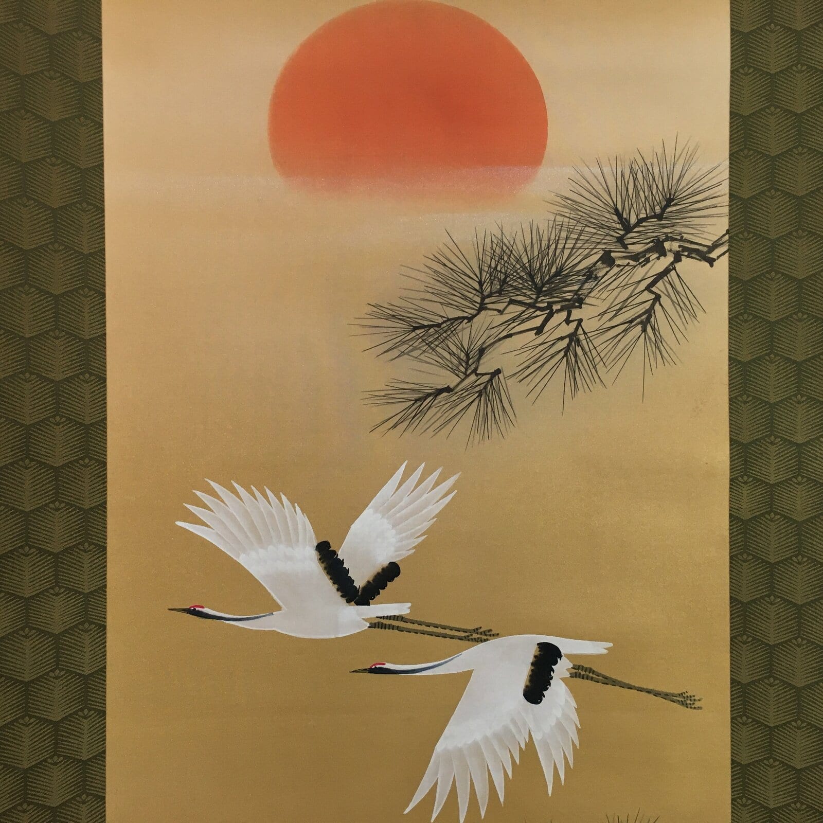 Japanese Hanging Scroll Vtg Kakejiku Kakemono Two Cranes Pine Tree Sun SC700