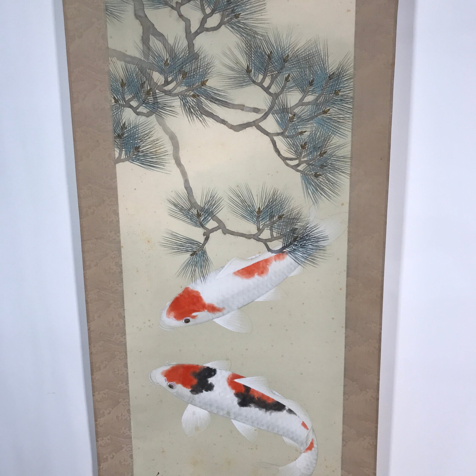Japanese Hanging Scroll Vtg Kakejiku Koi Carps Fish Matsu Pine Red Green KJ53