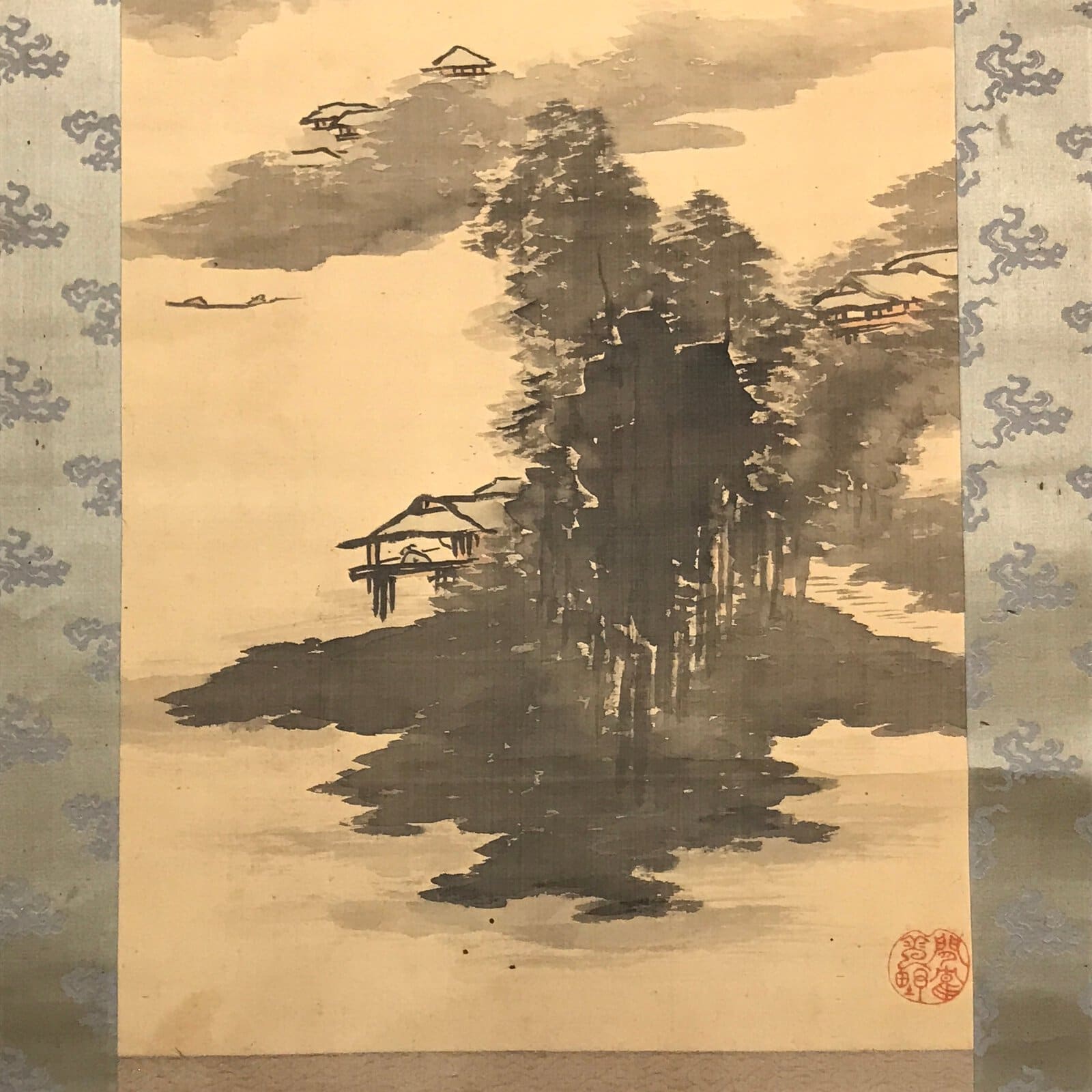Japanese Hanging Scroll Vtg Kakejiku Mountain River Sansui Landscape Ink KJ87