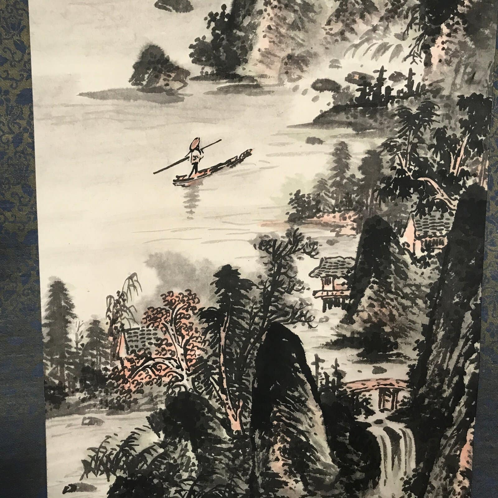 Japanese Hanging Scroll Vtg Kakejiku Mountains River Sansui Landscape Black KJ44