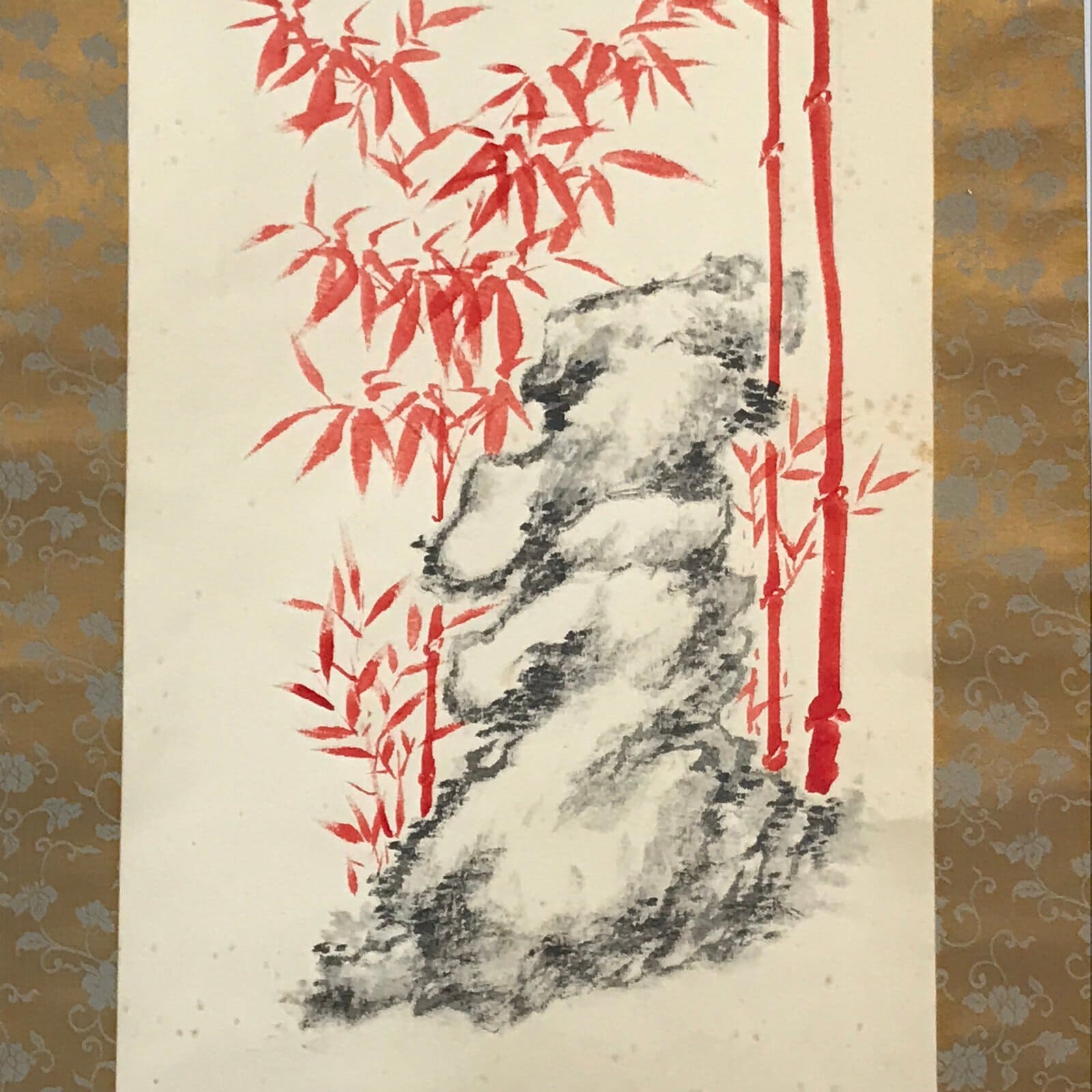 Japanese Hanging Scroll Vtg Kakejiku Red Bamboo Black Kanji Calligraphy KJ68