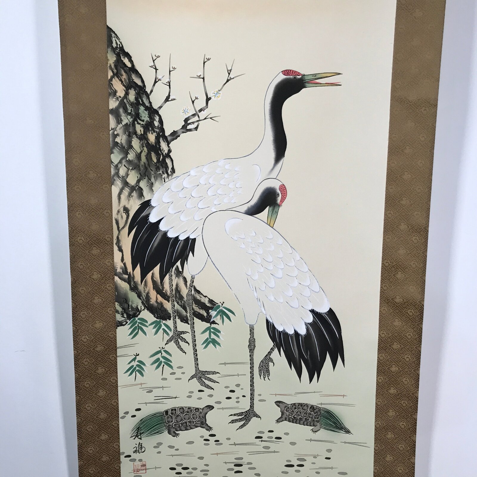 Japanese Hanging Scroll Vtg Kakejiku Tsuru Cranes Matsu Pine Trees Color KJ63