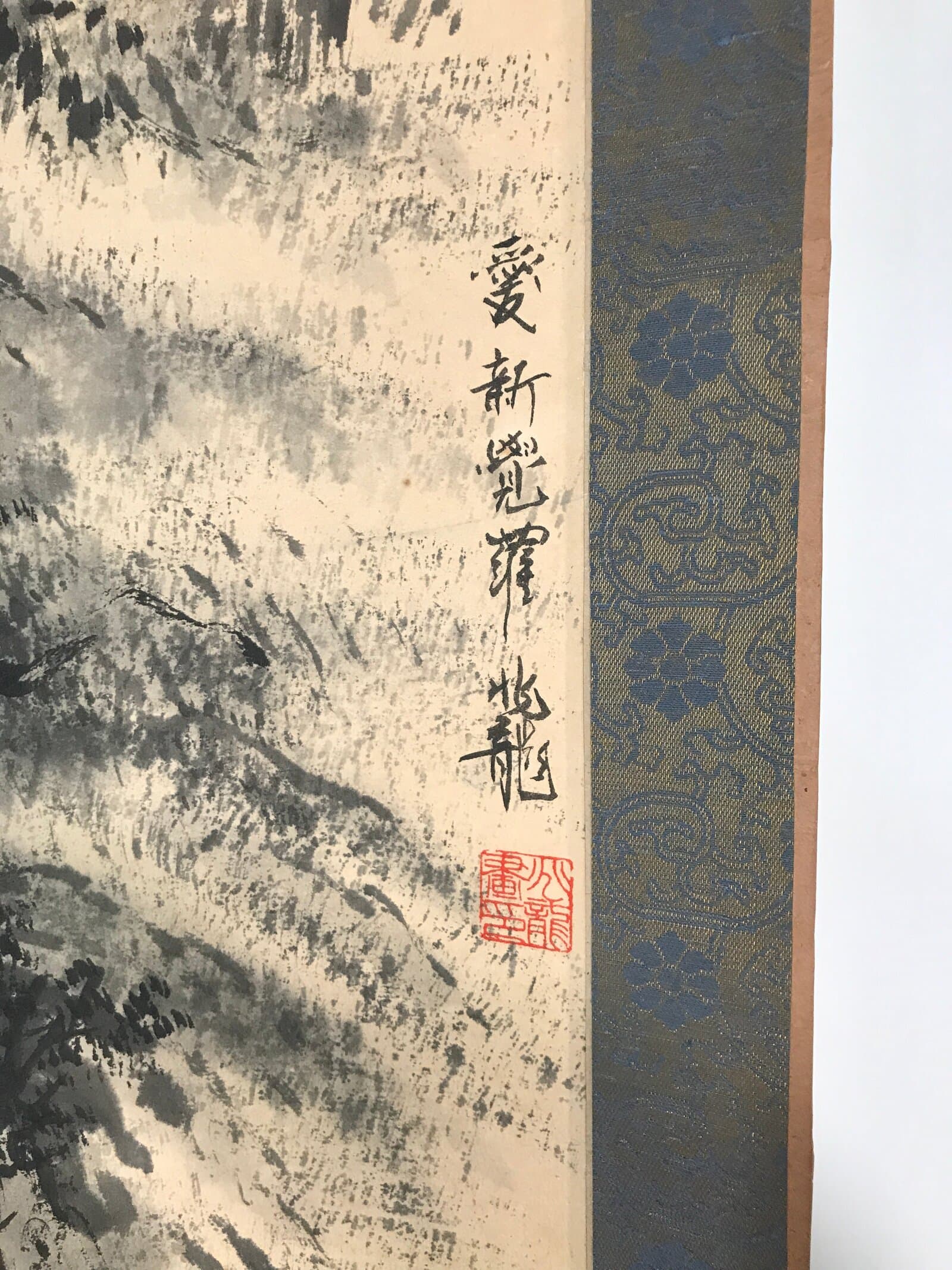 Japanese Hanging Scroll Vtg Kakejiku Waterfall Landscape Ink Black White KJ61