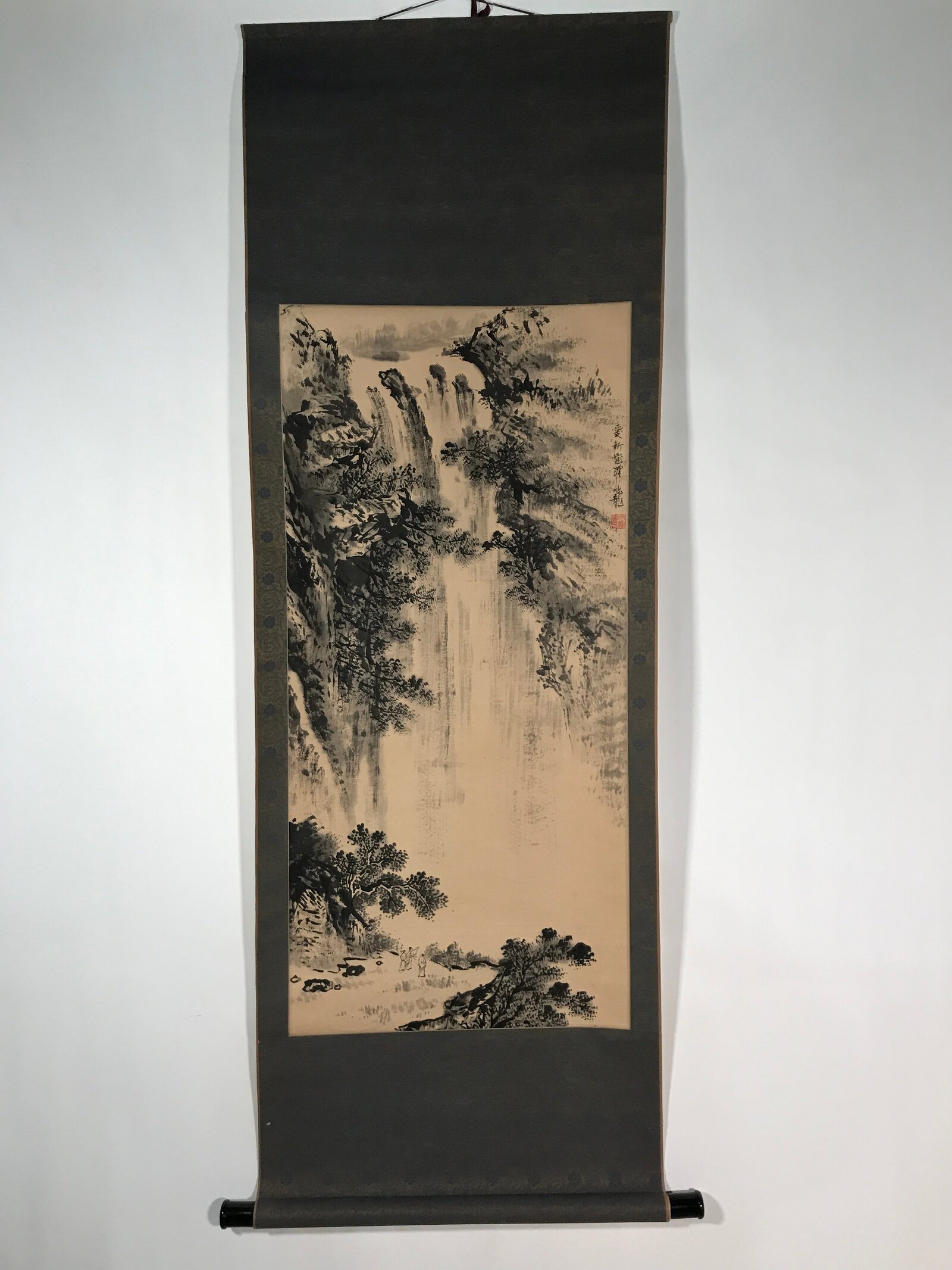 Japanese Hanging Scroll Vtg Kakejiku Waterfall Landscape Ink Black White KJ61