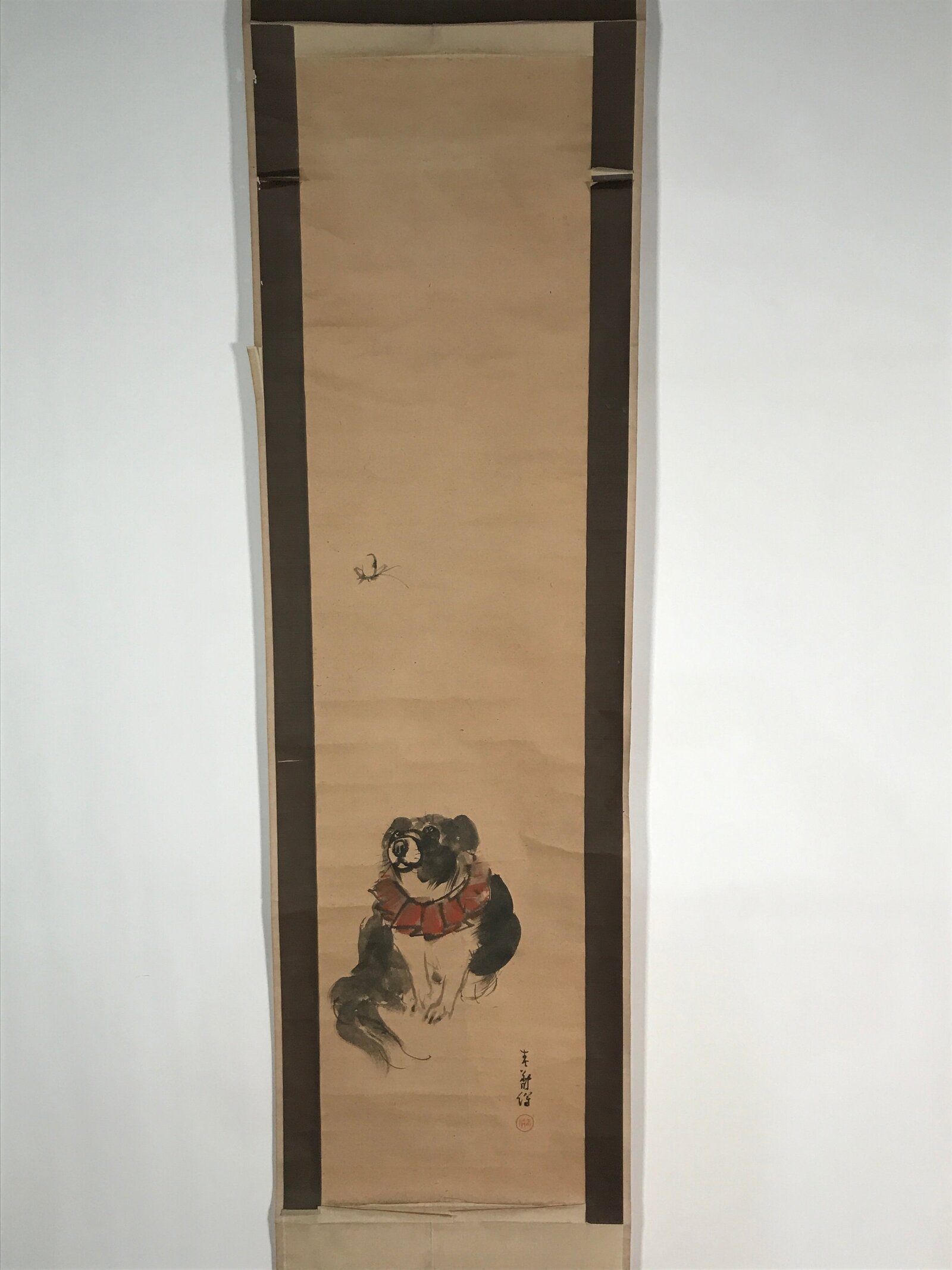 Japanese Hanging Scroll Vtg Kakejiku Zodiac Animal Dog Inu Simple Black Red KJ50