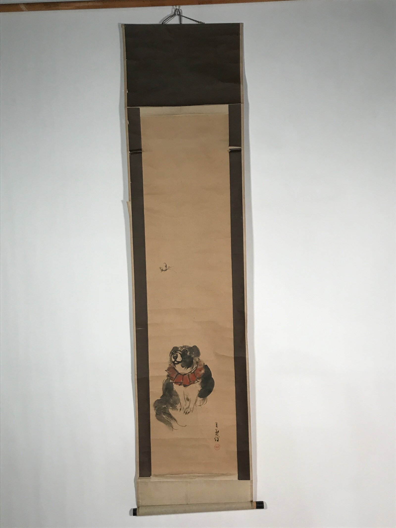 Japanese Hanging Scroll Vtg Kakejiku Zodiac Animal Dog Inu Simple Black Red KJ50