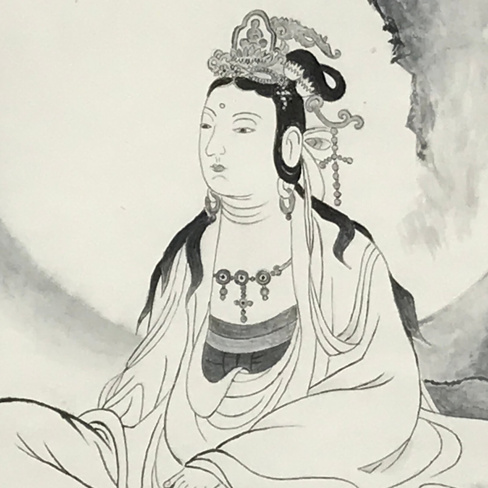 Japanese Hanging Scroll Vtg Kannon Seated On Rock Buddhist Kakejiku SC839