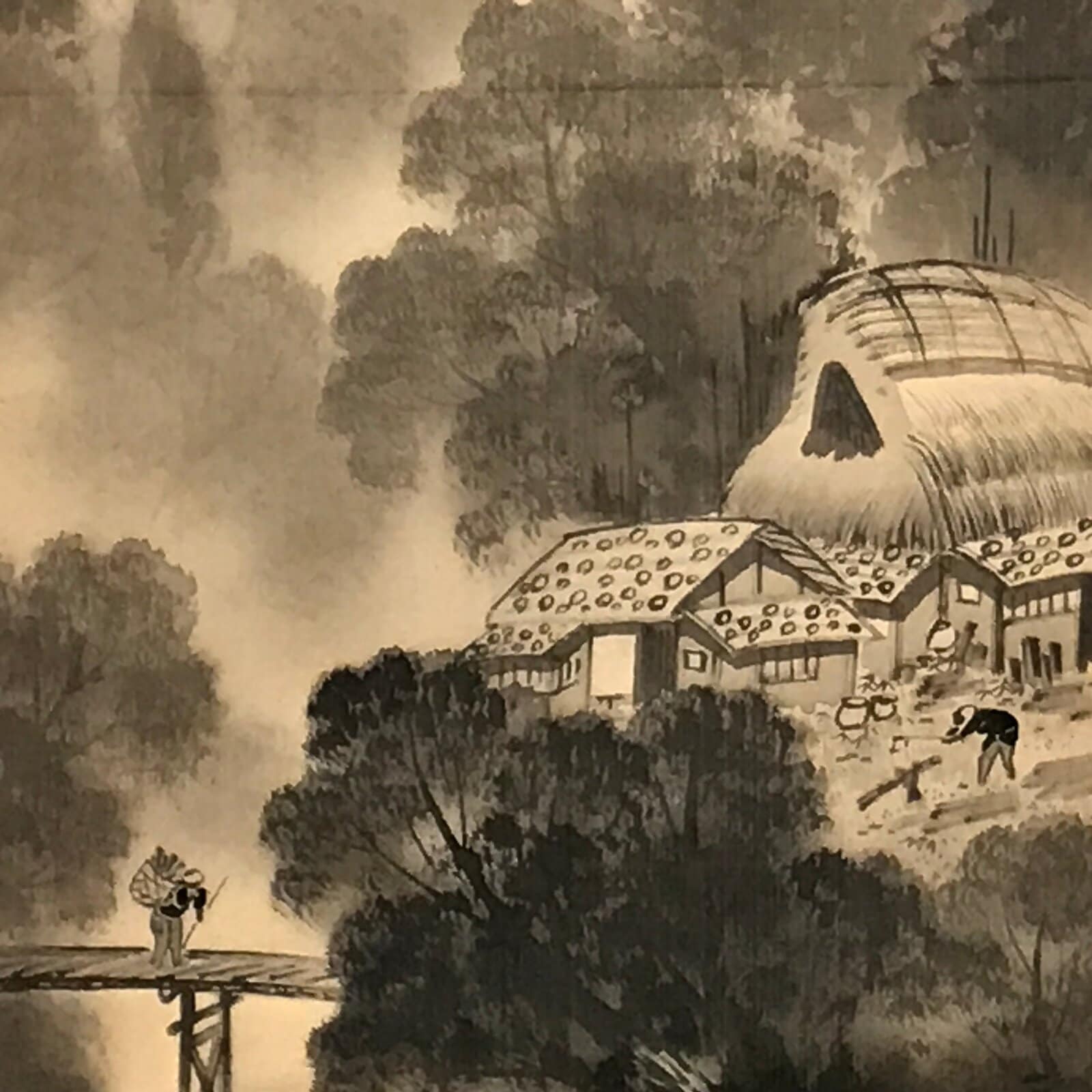 Japanese Hanging Scroll Vtg Moutains Bridge Monochrome Sansui Kakejiku SC895