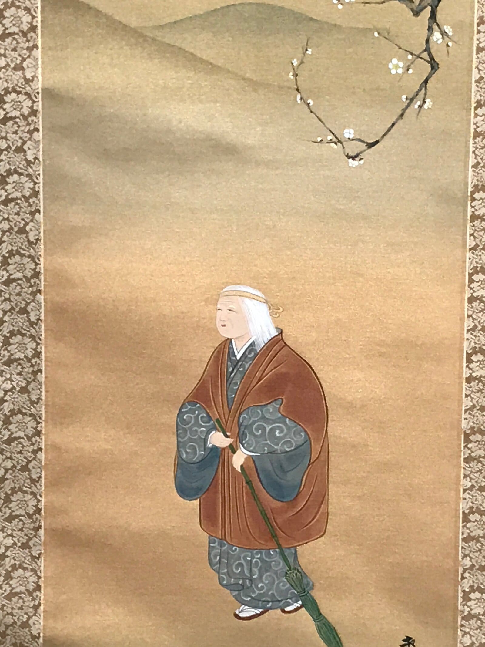 Japanese Hanging Scroll Vtg Old Woman Broom Takasago Kakejiku SC942
