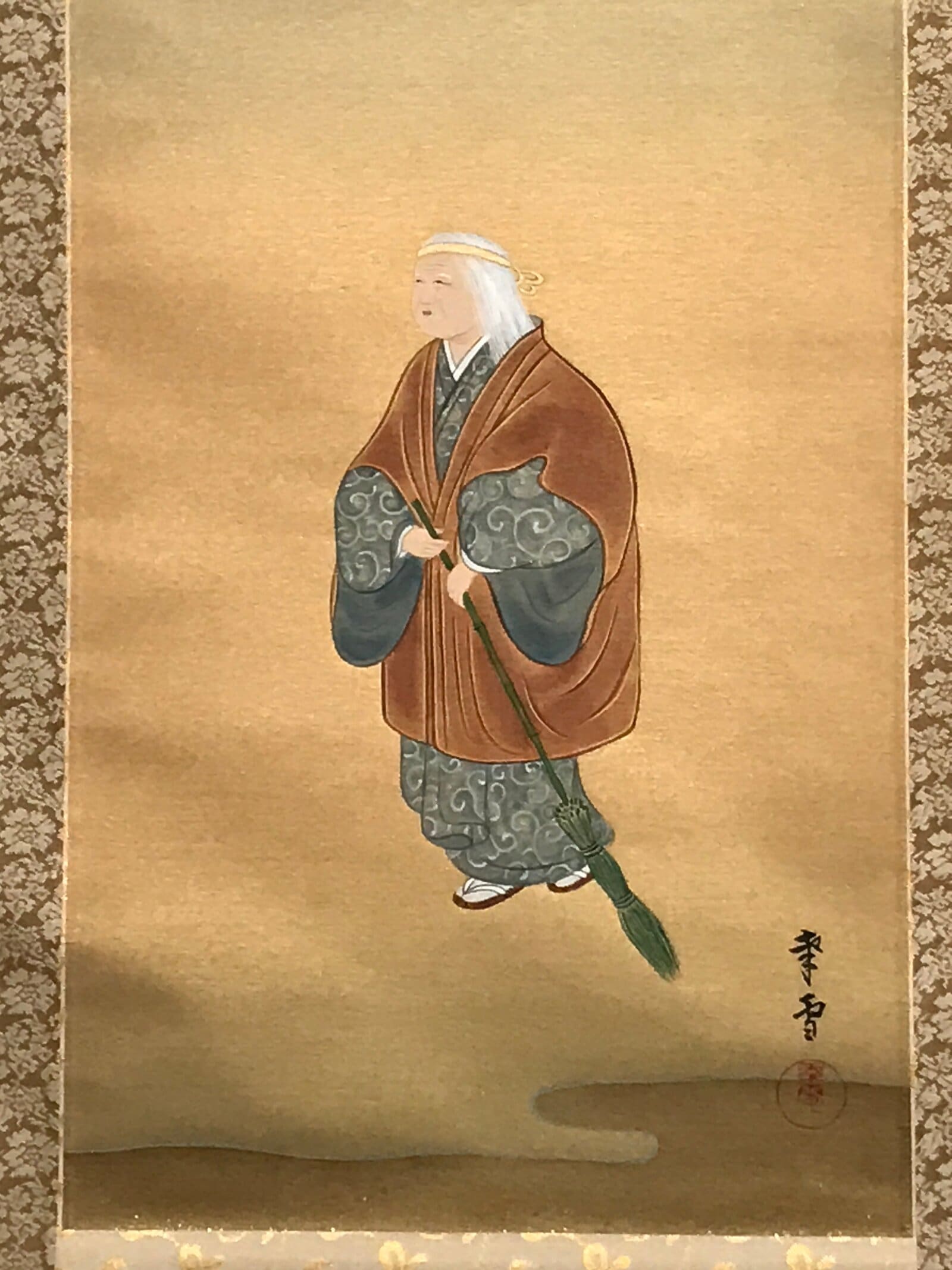 Japanese Hanging Scroll Vtg Old Woman Broom Takasago Kakejiku SC942