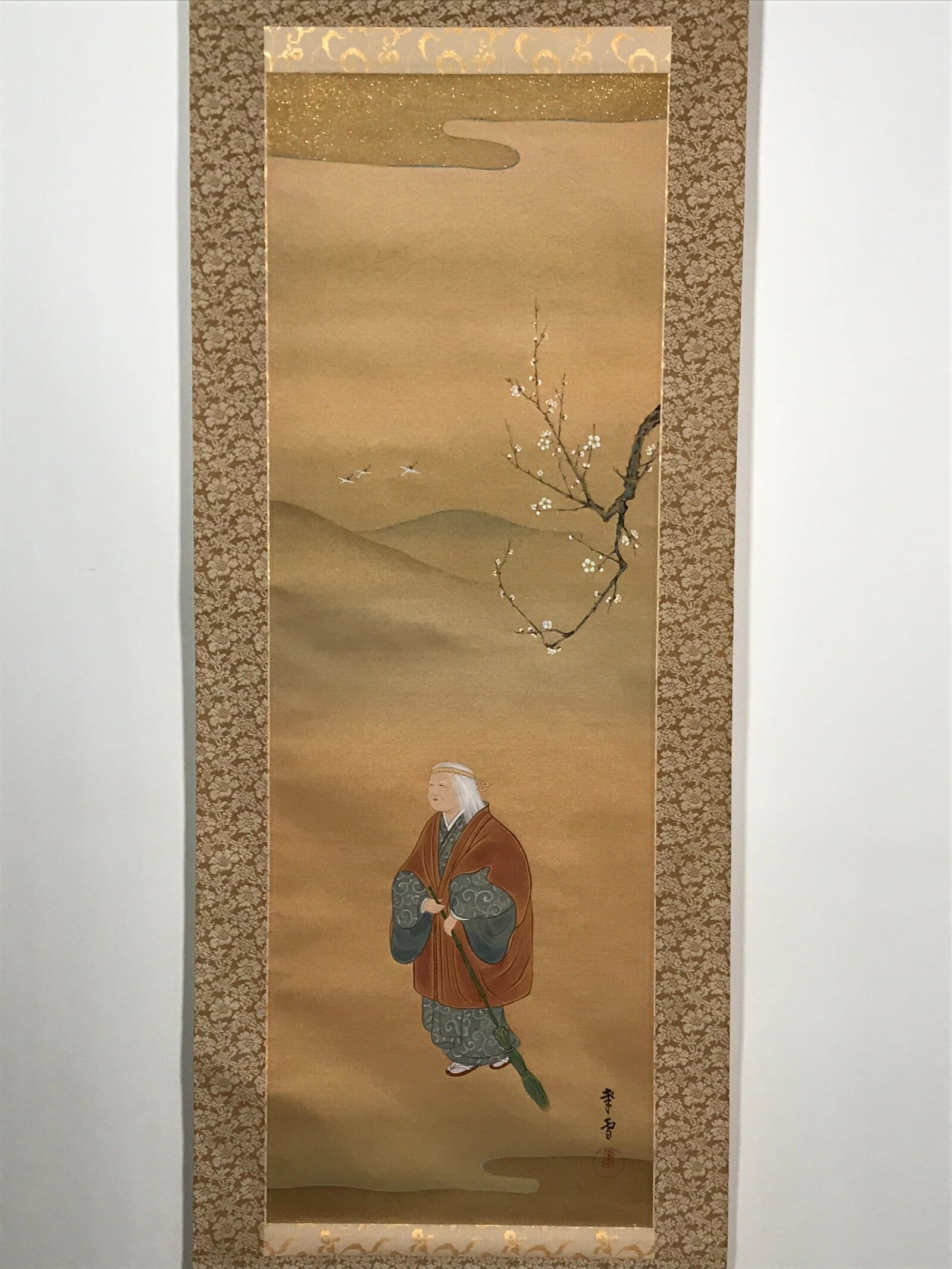 Japanese Hanging Scroll Vtg Old Woman Broom Takasago Kakejiku SC942