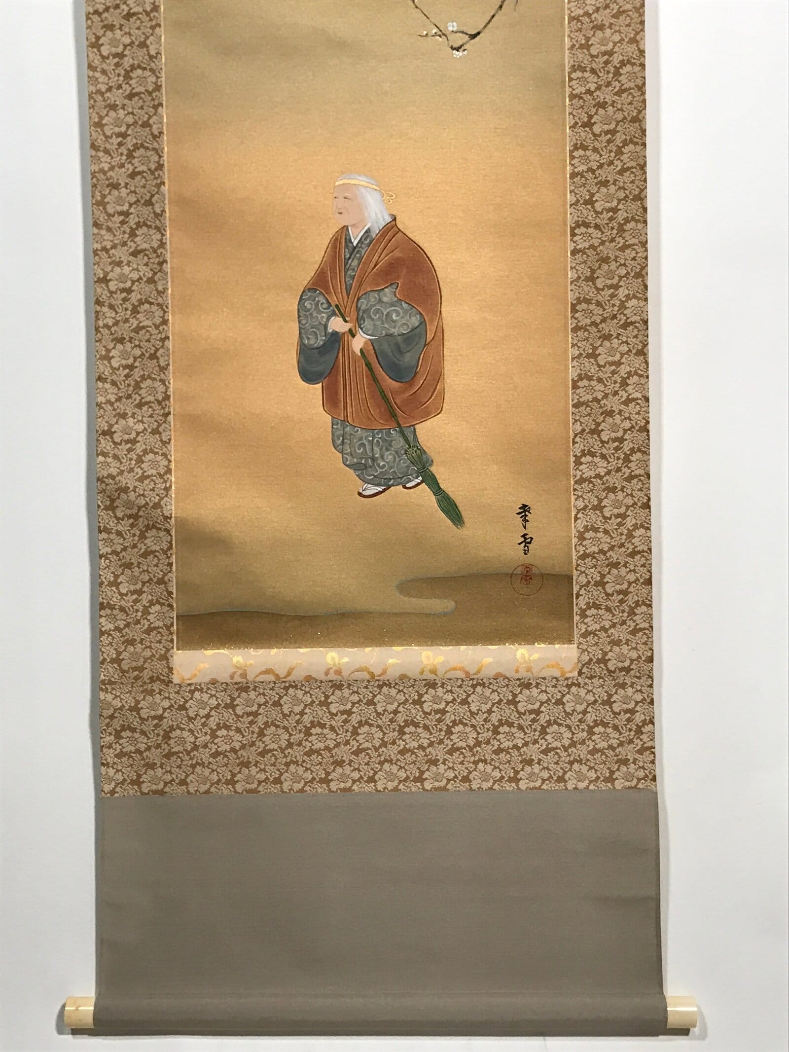 Japanese Hanging Scroll Vtg Old Woman Broom Takasago Kakejiku SC942